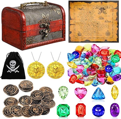 Yookeer 88 piezas de cofre del tesoro pirata para niños, cofre del tesoro grande de color antiguo, caja de pirata, caza del tesoro, mapa pirata,