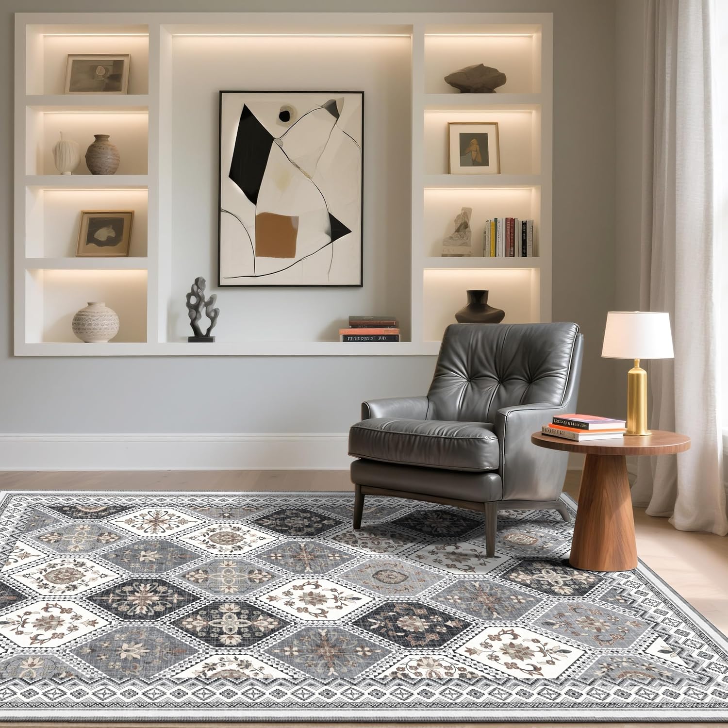 4x6 Area Rug, Soft Non-Slip Boho Moroccan Rug, Low-Pile Printed Indoor Washable Area Rugs for Living Room, Bedroom Bedside, Entryway, Kitchen - Gray/Gold