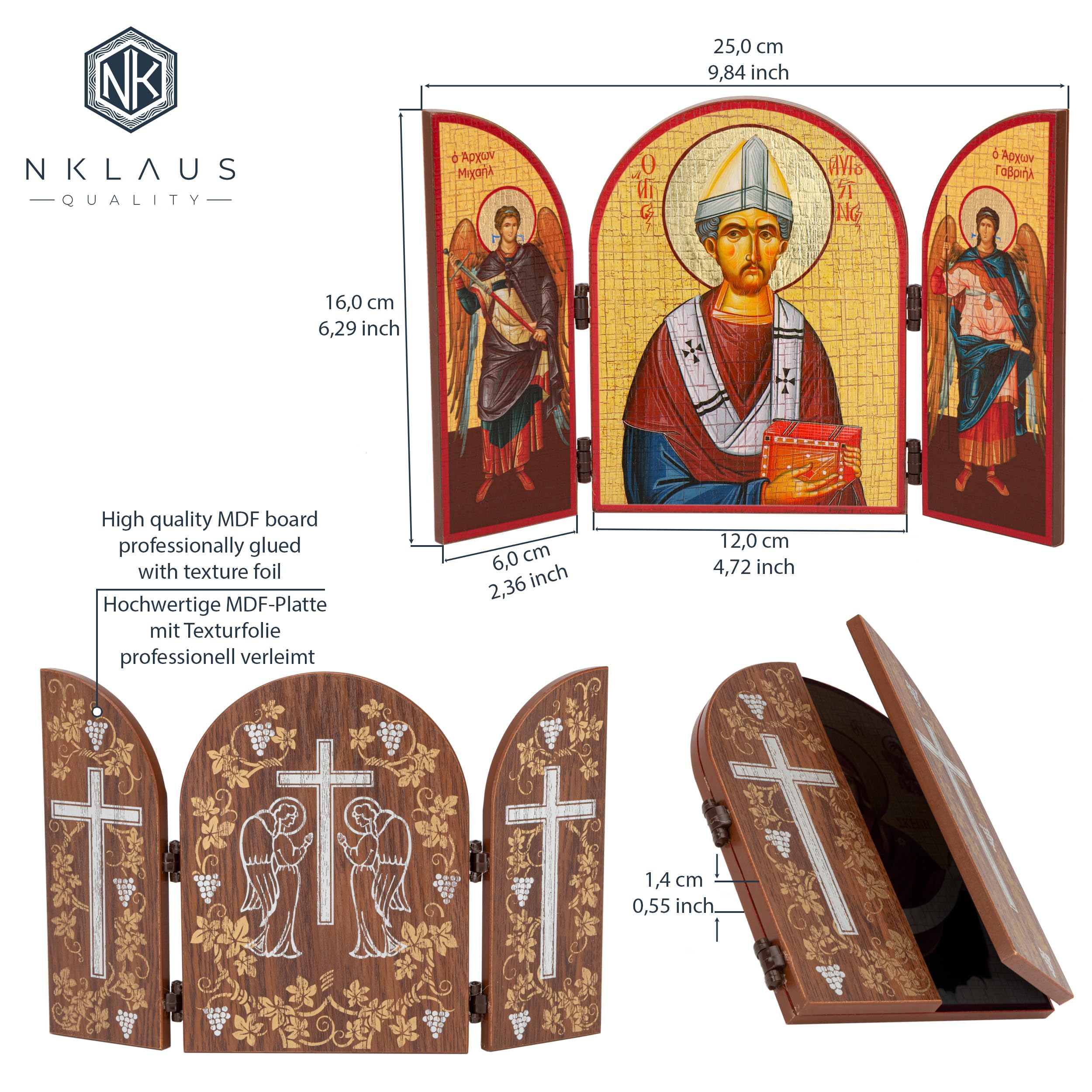 NKlaus Saint Augustine Icon Triptych Wood 25 x 16 cm Christian 13802, 25L x 16W cm - Image 2