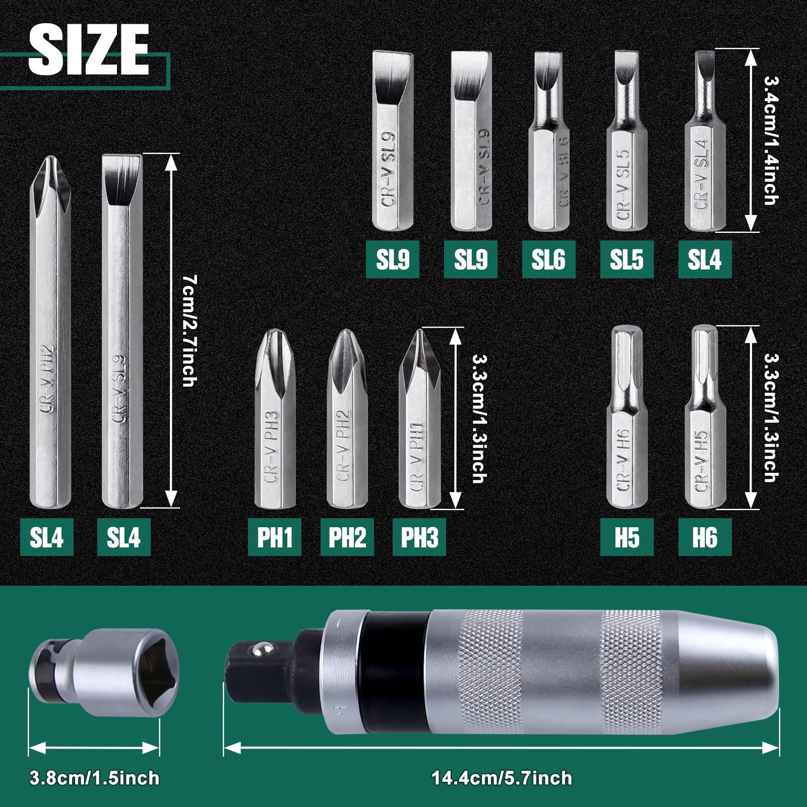 LEONTOOL Handschlagschrauber-Set, 13-teilig, 1,27 cm (1/2 Zoll) Antrieb, Handschlagschrauber-Set, wendbares Handschraubendreher-Set mit Schlitz-Kreuzschlitz-Sechskant-Schraubendreher-Bits, zum