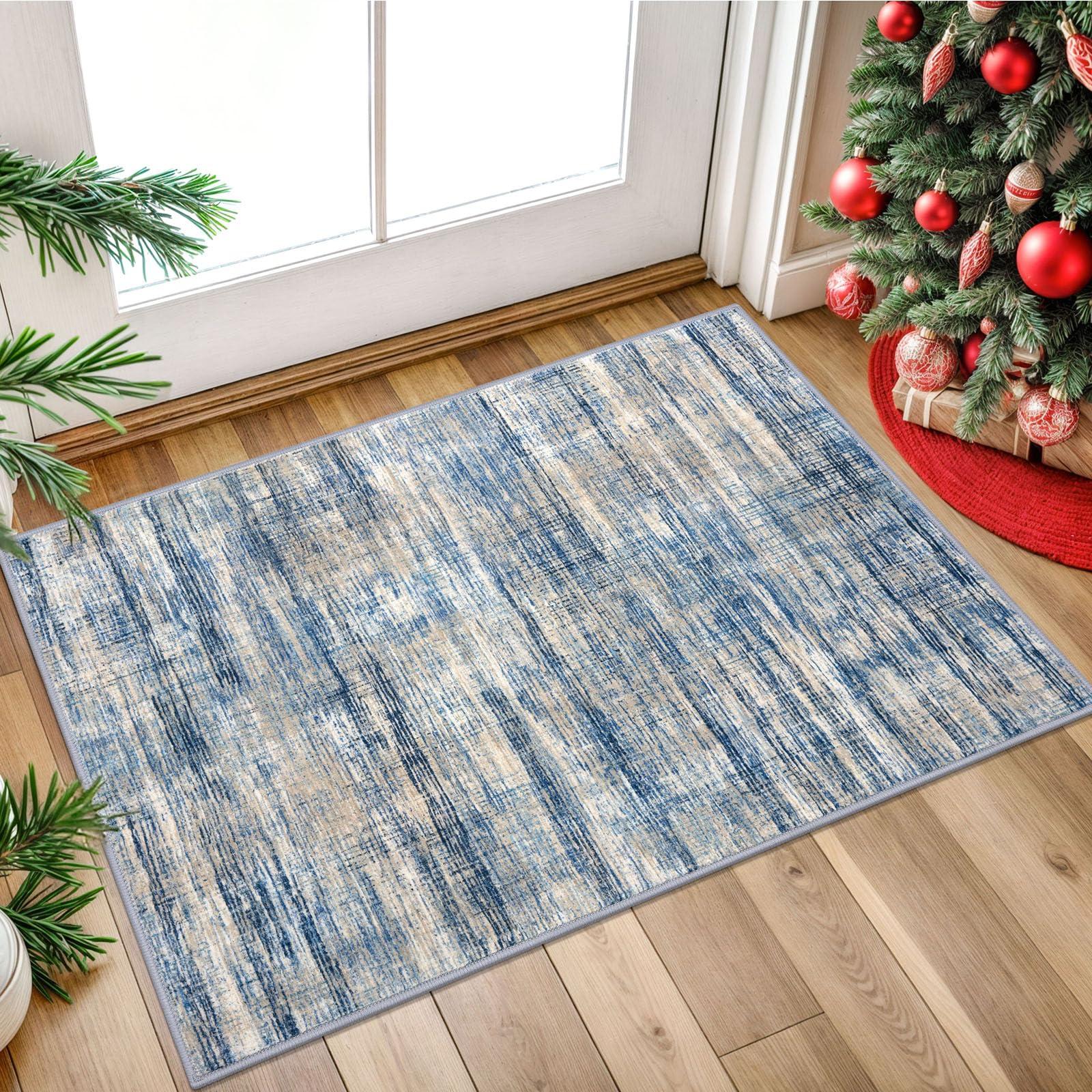 Modern Abstract 2x3 Rugs for Entryway Blue Beige Washable Small Area Rug Non-Slip Ultra Thin Soft Print Striped