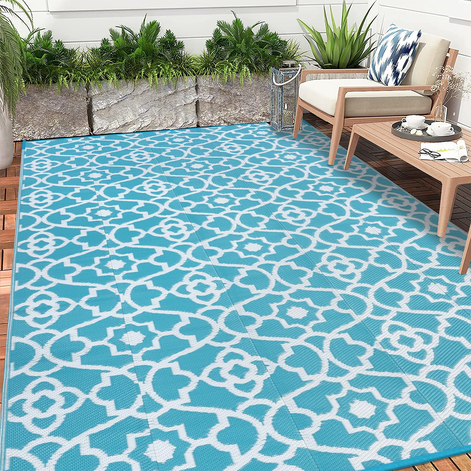 Enyhom Outdoor Rug for Patio Waterproof, Reversible Extra Large Garden Rugs 240 x 300 cm Foldable Lightweight Plastic Outdoor Carpet Mat UV Resistant Area Rug for RV Camping Balcony Beach Picnic Deck