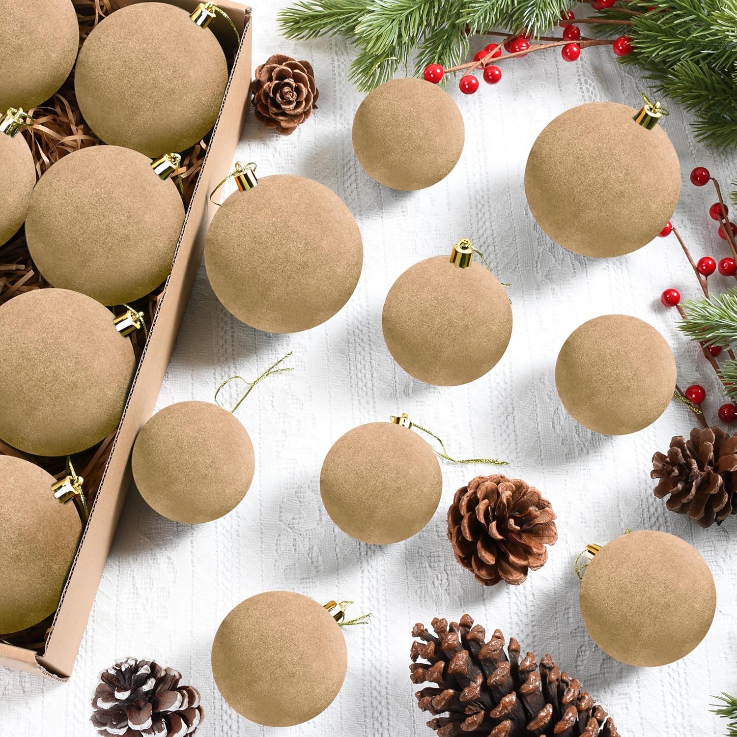 24 Pcs Velvet Christmas Ball Ornaments, 3 Sizes Flocked Plastic Balls Xmas Hanging Decorations Multicolor Christmas Tree Balls for Xmas Tree Home Party Supplies (Khaki) 24 Pcs Velvet Christmas Ball Ornaments, 3 Sizes Flocked Plastic Balls Xmas Hanging Decorations Multicolor Christmas Tree Balls for Xmas Tree Home Party Supplies (Khaki)