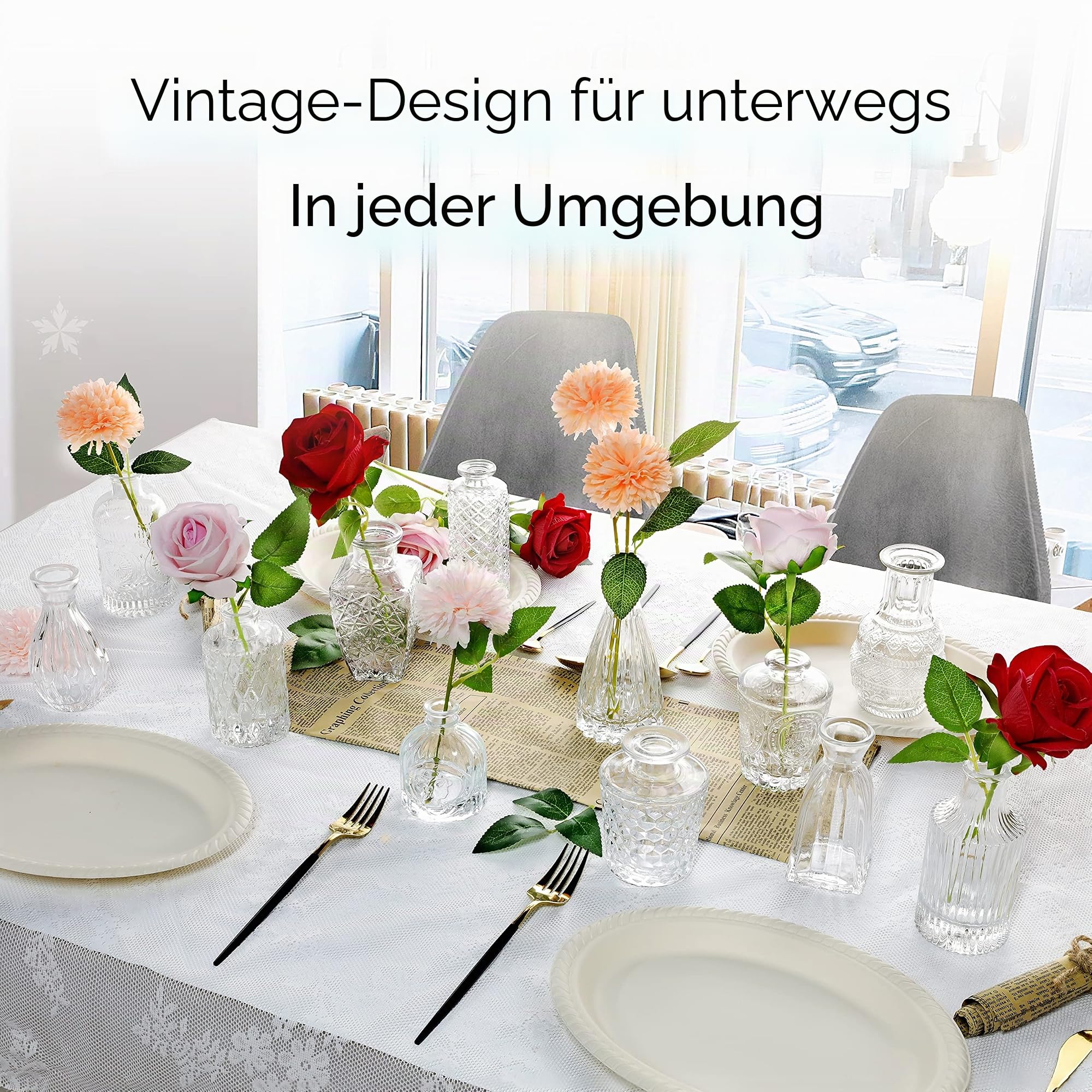 Kleine Glasvase Knospenvase Großpackung Set mit 24 Mini-Vintage-Blumenflaschen Zarte Glasblumenvase Verschiedene Größen für Blumenarrangements, dekorative Tischdekoration, Hochzeitsfeier zu Hause