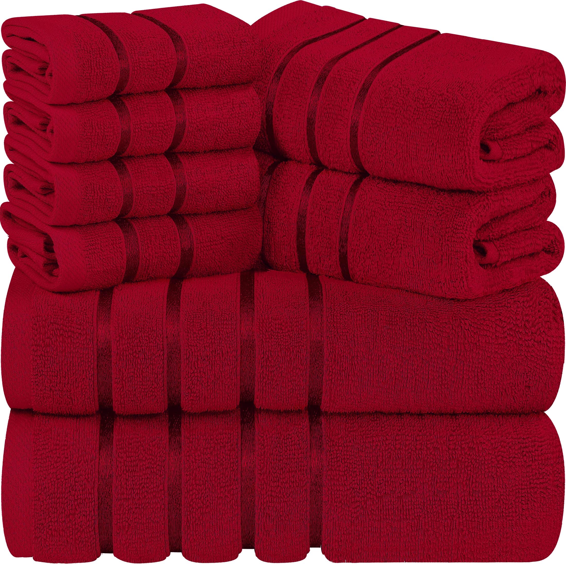 Utopia Towels 8-Piece Luxury Towel Set, 2 Bath Towels, 2 Hand Towels, and 4 Wash Cloths, 600 GSM Ring Spun Cotton Highly Absorbent Viscose Stripe Towels Ideal for Everyday use (Red)