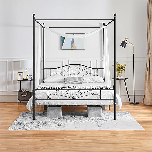 Miniatura 1 de Yaheetech Marco de cama con dosel completo, elegante cama con dosel de metal, cama de plataforma con dosel de cuatro pósteres con cabecera arqueada,