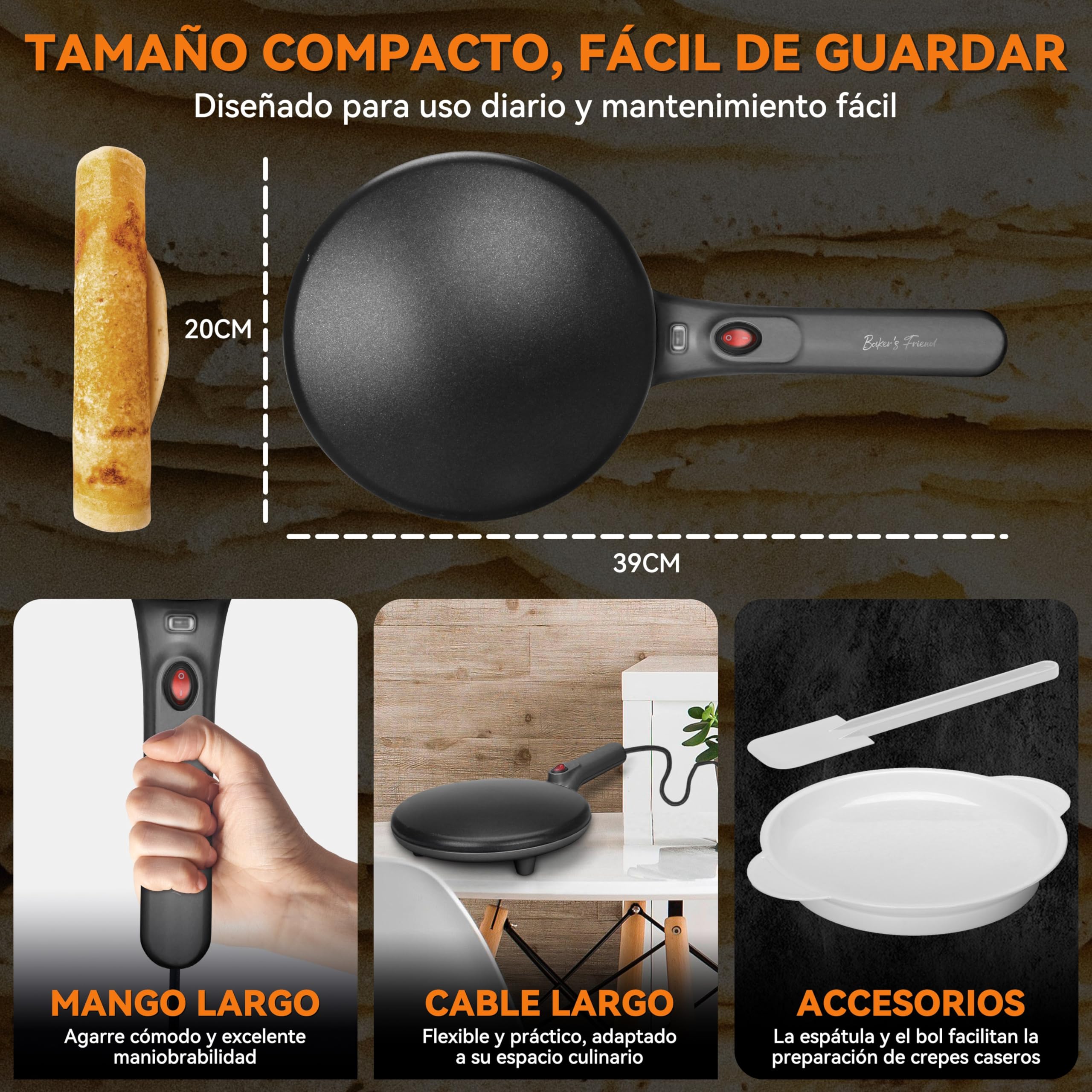 Baker's Friend Máquina Instantánea para Hacer Crepes, Sartén para Crepes con Mango a Prueba de Quemaduras, Superficie de Cocción Antiadherente de 20 cm, Control Automático de Temperatura, Grafito