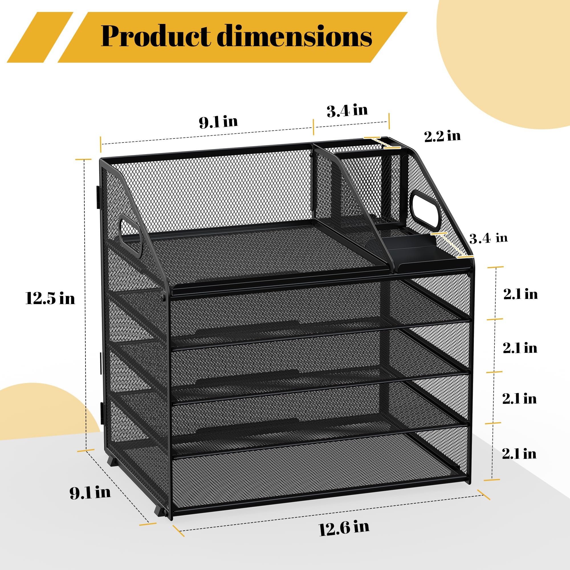 OrgMate Letter Tray Paper, 5 Tier Desk Organizer with Pen Holder and Handle, Mesh File Organizer Paper Sorter Metal Desktop Document Shelf for Office Home Classroom - Black