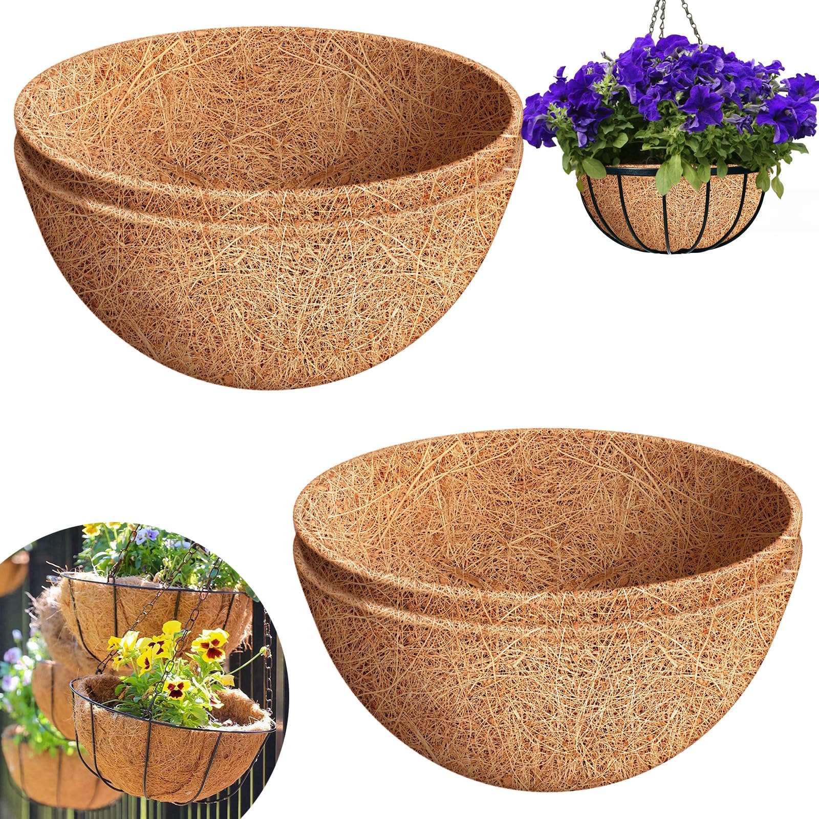 Riare 4 Pack 18 Inch Round Coco Liners Replacement, 100% Natural Coconut Coir Liners for Hanging Baskets, Garden Flower Vegetables Planter Pot, Window Box, Fence, Decks