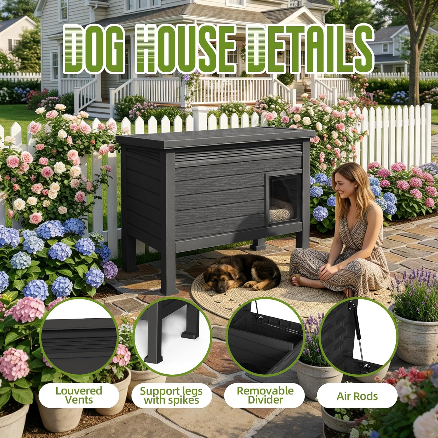 DRATO Indoor & Outdoor Resin Dog House with Raised Floor, Heated Pad and Easy Assembly - Small Breed Shelter Featuring Louvered Vents, Spiked Legs, and Sloped Roof,Black