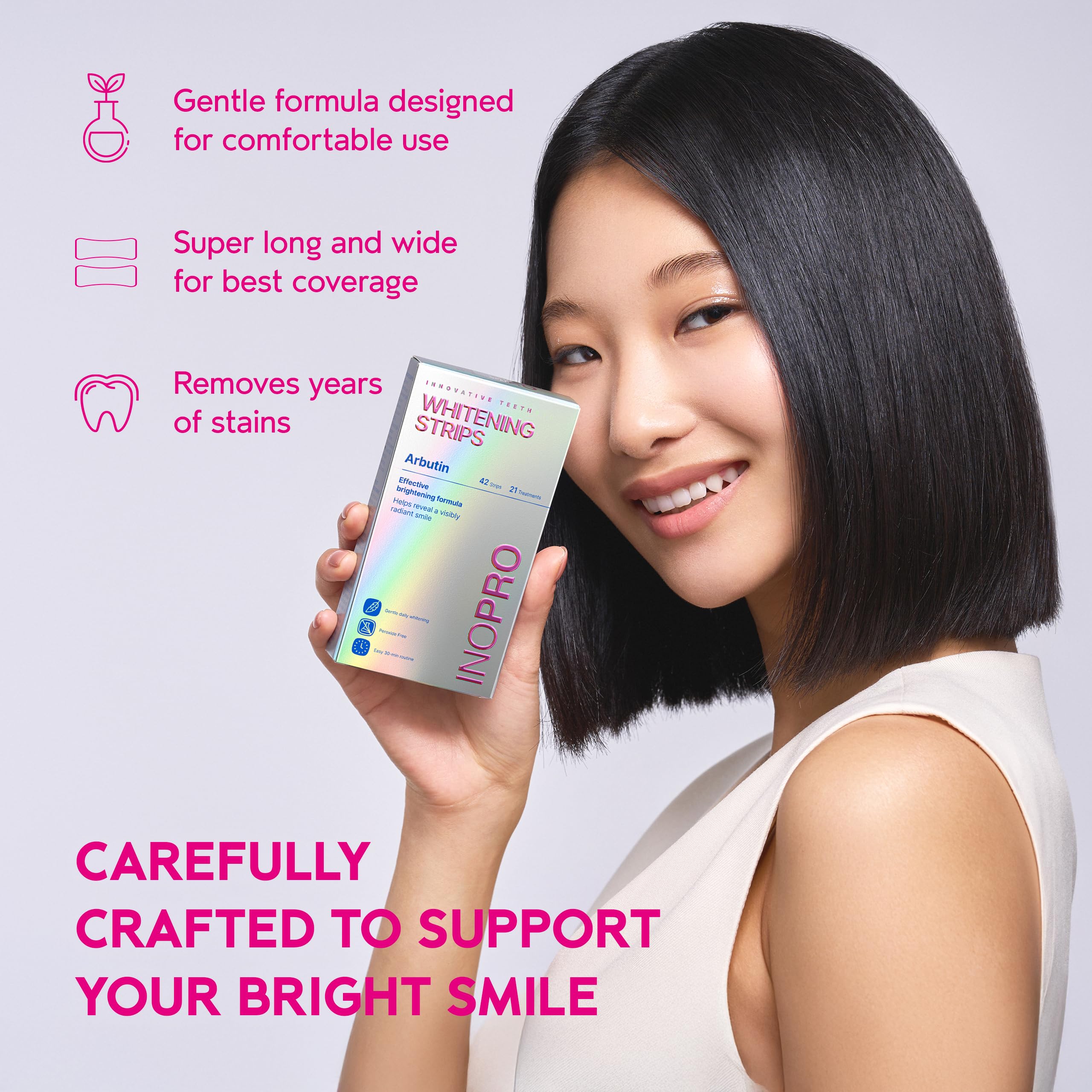 InoPro Teeth Whitening Strips 21 Treatments Kit - Teeth Whitener, Peroxide Free, Green White Strips for Teeth Whitening with Arbutin, Coconut Oil, Deep Stains Removal (42 Strips)