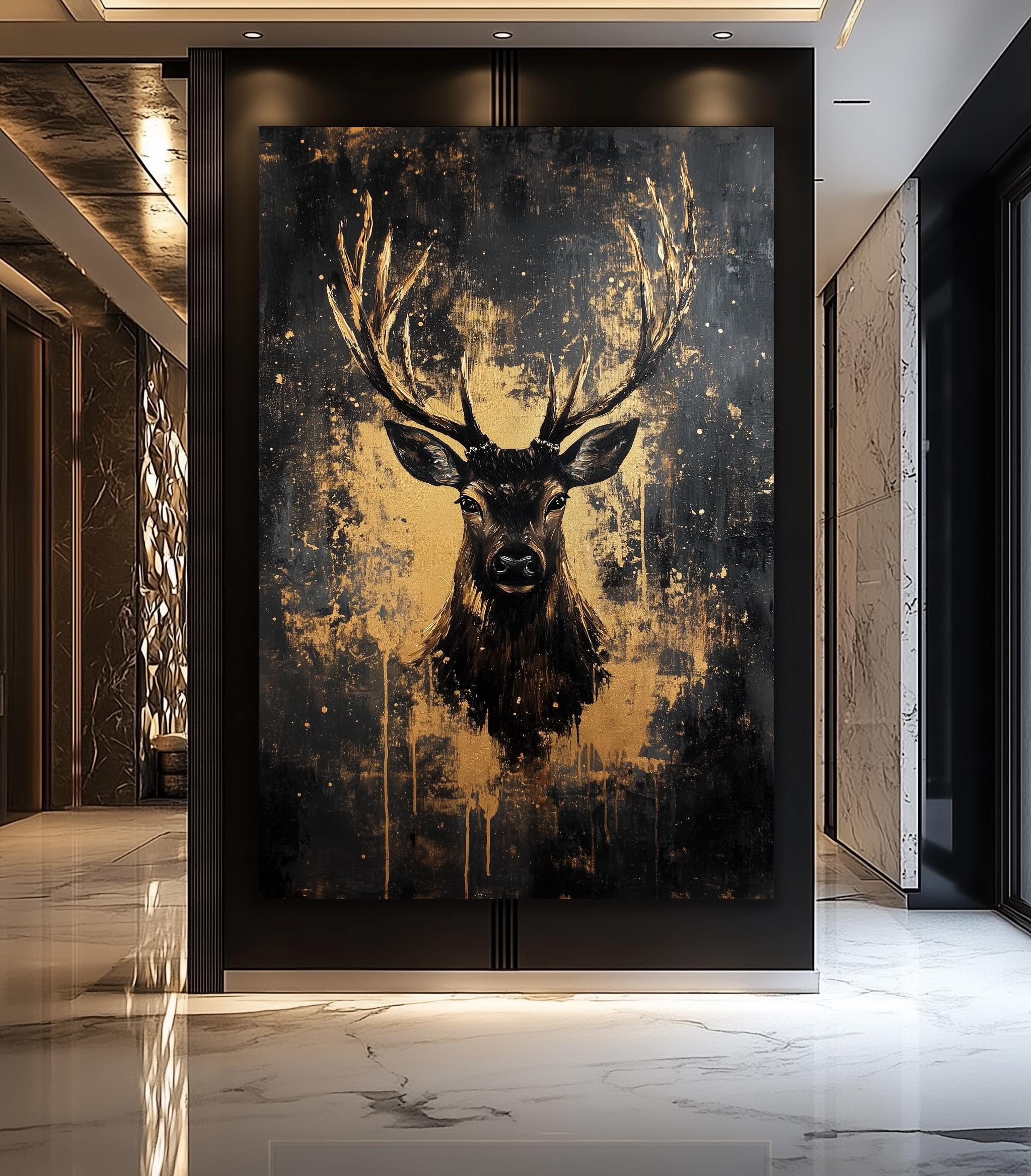 YUSUZHU Hirsch-Wandbild auf Leinwand, Wanddekoration mit schwarzem und goldenem Hirschmotiv, rustikales Hüttenmotiv, luxuriöses Wildtiergemälde, Wohnbild (80 x 120 cm/Innenrahmen)