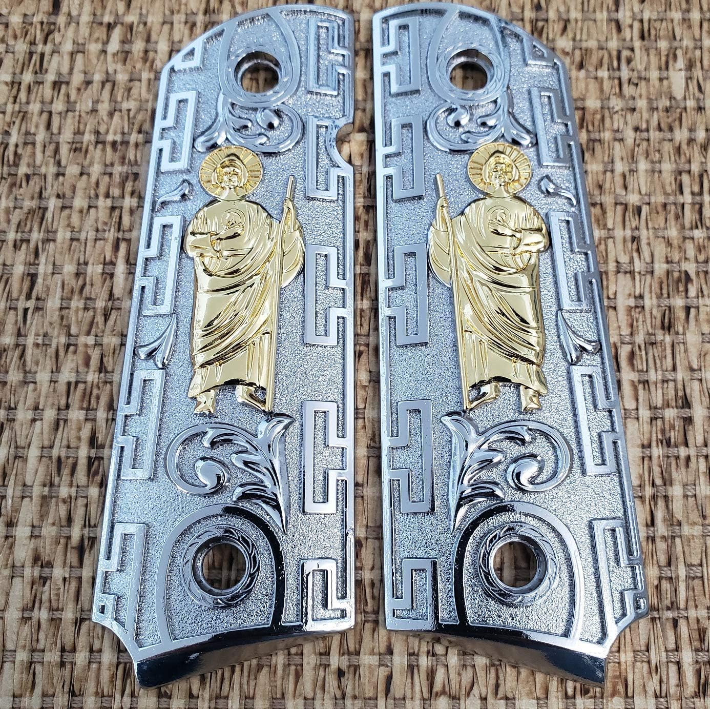 1911 Grips SAN Judas ST. Jude Full Size Grips Government Ambi Cut Nickel/Gold