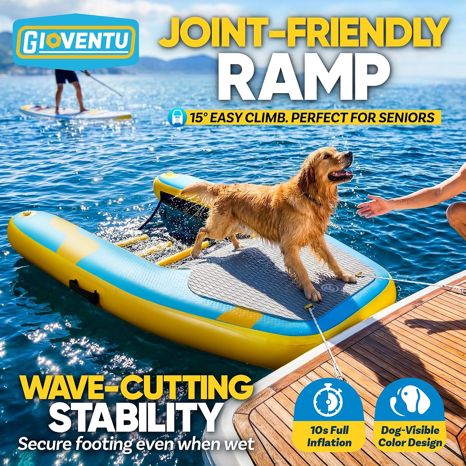 Dog Boat Ramp Inflatable Non-Slip EVA Floating Dock Ladder for Dogs Up to 220 LBS, Dog Pool Float Water Ramp for Pools, Lakes, Boats, Kayak Design, 62.2"x39.3"