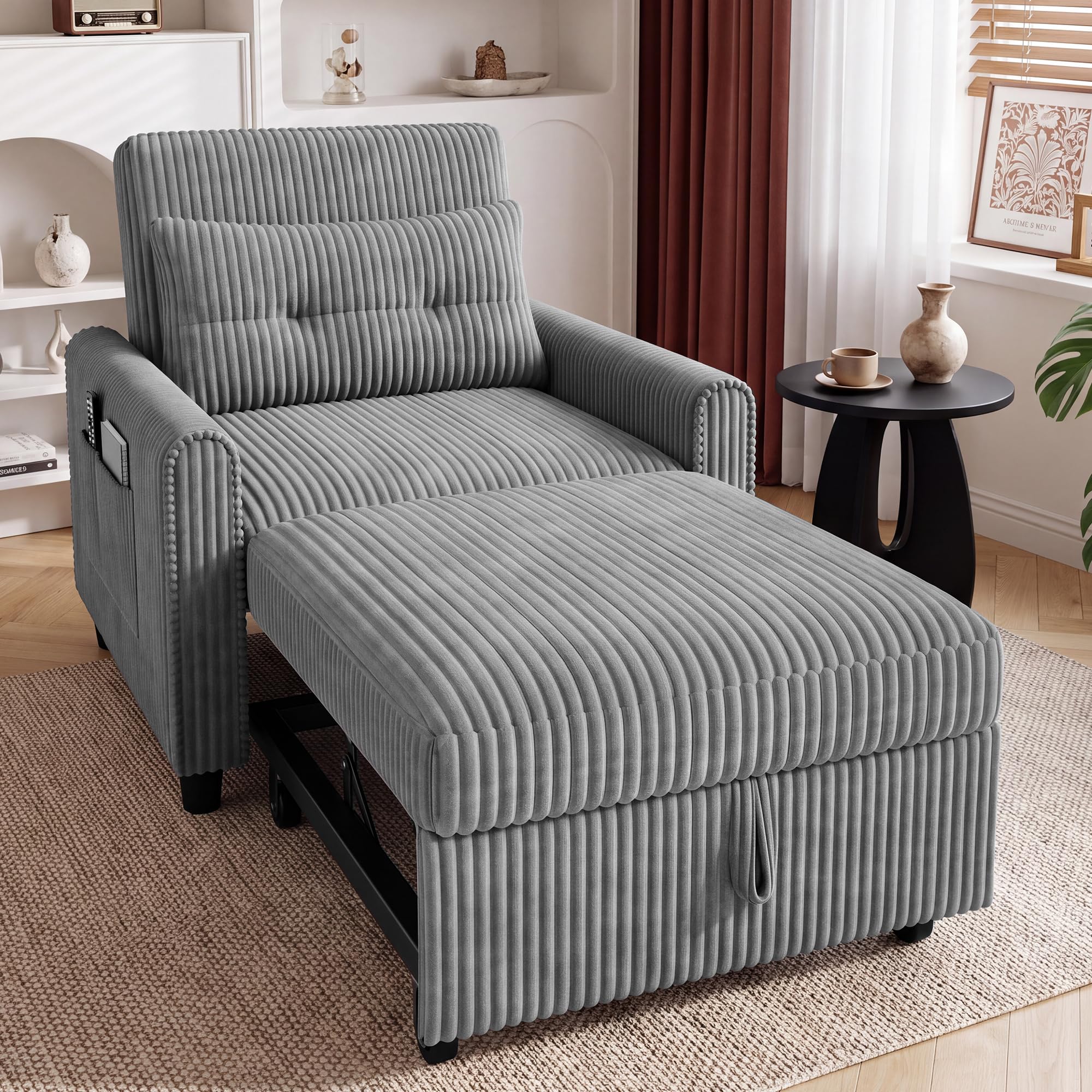 Gizoon 3-in-1 Sofa Bed Chair, Pullout Sleeper, 4-Level Backrest, Corduroy
