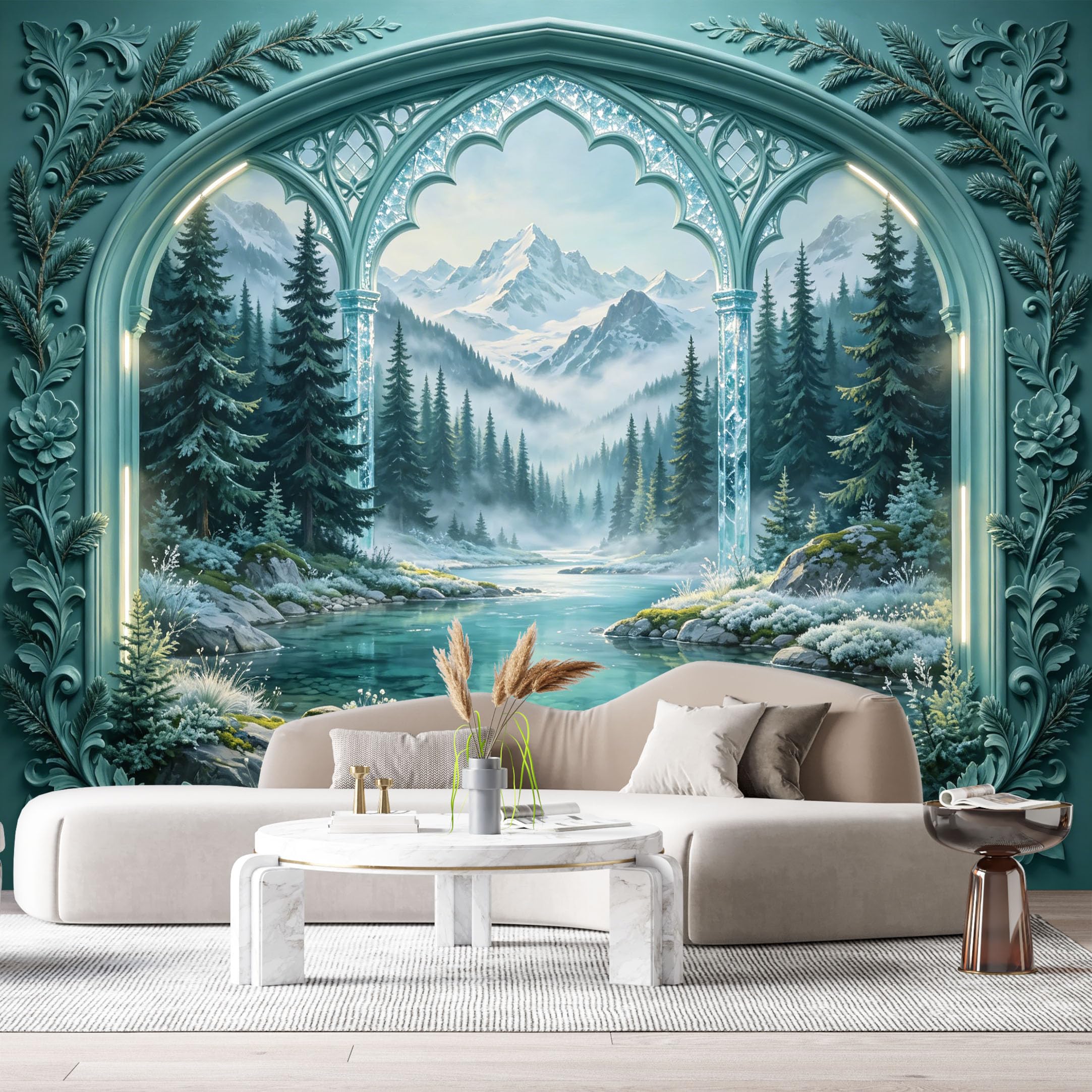 Custom Size Wall Murals Mountain Lake Pine Forest Archway 3D Trompe L'Oeil SelfAdhesiveWall Fabric Removable Wallpaper Wall Decor for Living Room Bedroom Bathroom