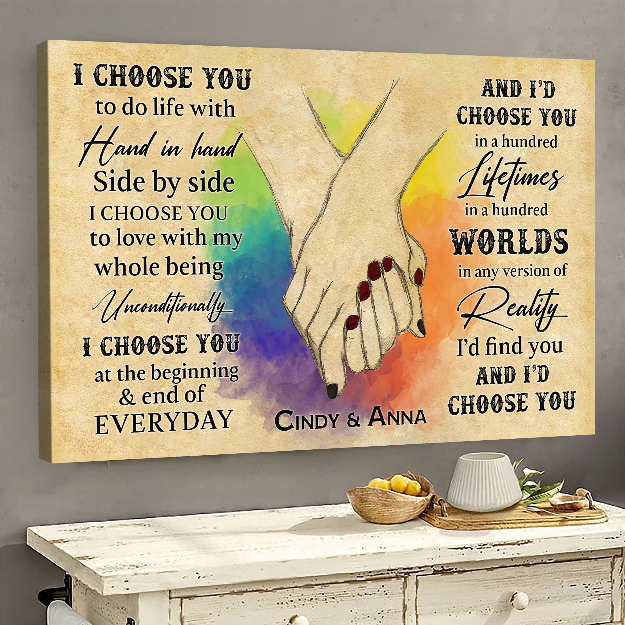 Personalized The Day I Met You Hands Holding Rainbow LGBT for Couple Gay Pride Lesbian Bedroom Decor Wedding Gift Lover Poster Canvas 1.5in Framed Prints Wall Art Home Decor Artwork Picture (Style 3)