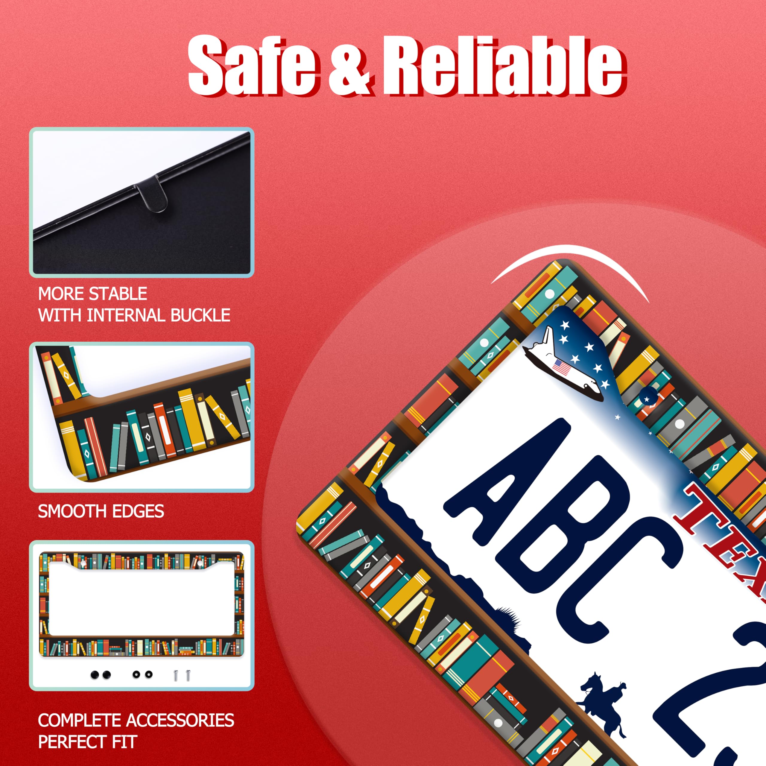 Cartoon Bookshelf Pattern License Plate Frame Funny Books License Plate Holder Stainless Steel Accessories License Plate Cars Decoration — view 2