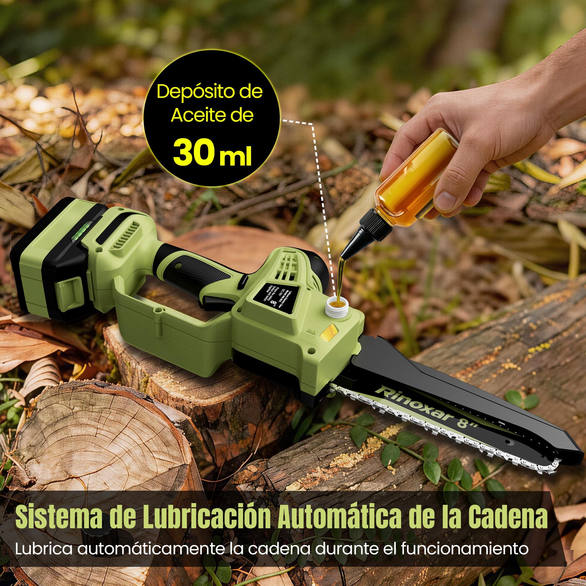 Mini Motosierra a Batería 8 Pulgadas, Motosierra Eléctrica con 2×5200 mAh Baterías, Lubricación Automática con Bomba de Aceite, Tensión de Cadena sin Herramientas, Sierra Eléctrica para Jardinería