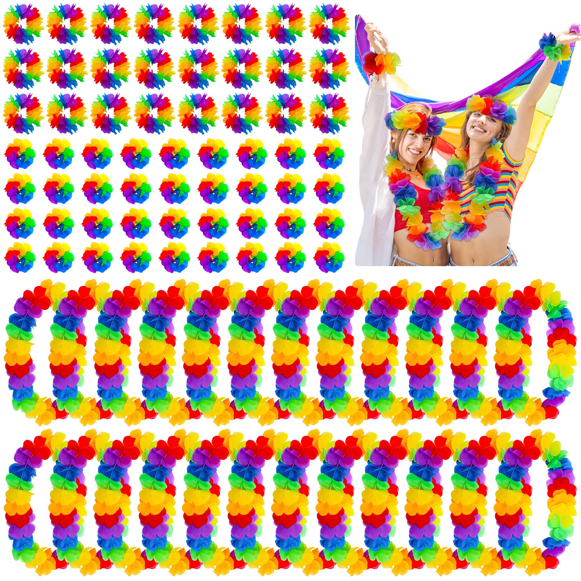 Tlswshsy 96-teiliges Regenbogen-hawaiianisches Leis-Set, Pride Month Hawaii-Blumen-Leis mit Stirnband und Armbändern, LGBT Luau Leis Halsketten für tropische Strand-Motto-Partys und Dekoration