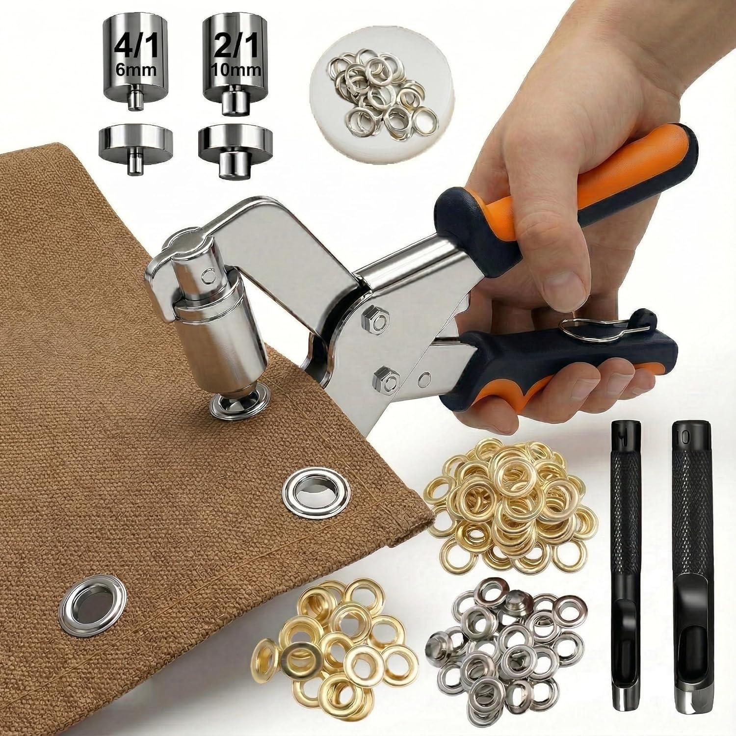 Grommet Tool Kit - Removable 1/2 & 1/4 Inch Punch Heads, 600PS Grommets, Heavy Duty Leather Hole Punch for Tarp, Canvas, Fabric, DIY Crafts & Tent/Awning Repairs