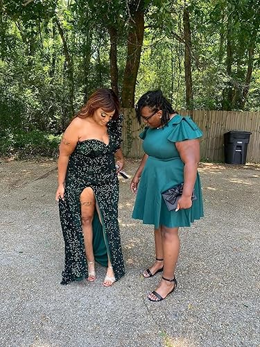 Miniatura 7 de Vestido de fiesta de sirena con lentejuelas 2025 largo con un hombro y cuello en V, vestidos de noche brillantes formales para mujeres con abertura