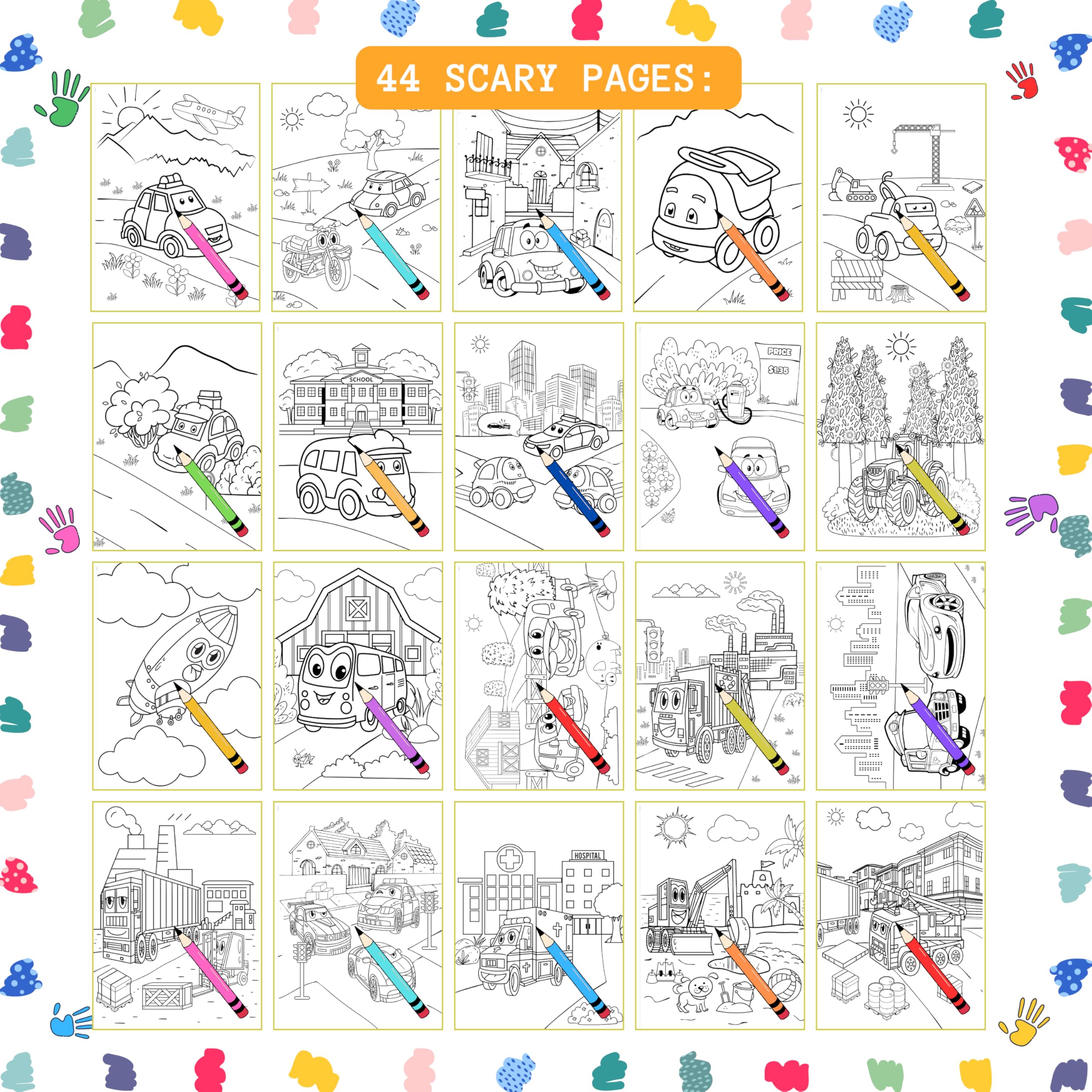 Pagine da colorare, Libro da colorare - Ruote gioiose per bambini, rilegatura a spirale, adatto per ragazzi e ragazze, veicoli sorridenti, Avventura da colorare. Carta spessa 199 g/m², Dimensioni del