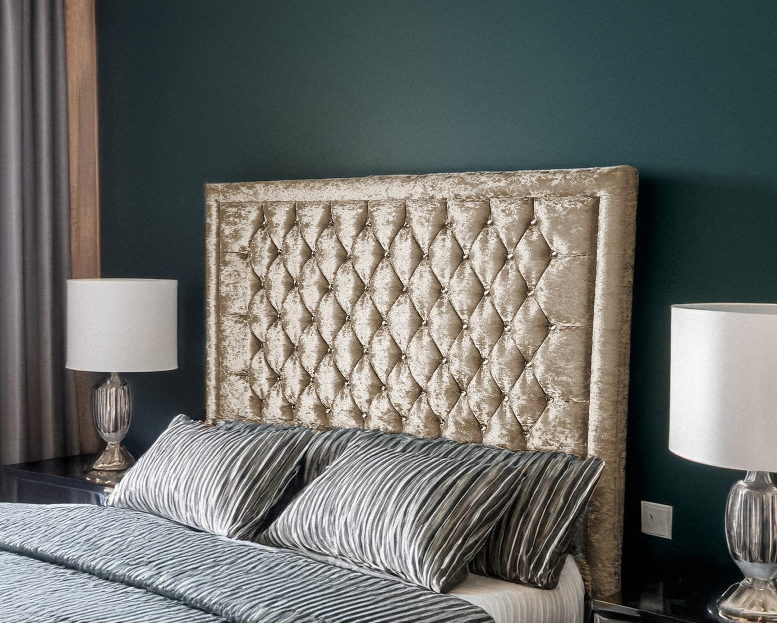 luxisleepltd Alton Bumper Tufted,Crystal Crushed Velvet Headboards, Single 3ft 4FT Double 4FT6 King-size 5FT and Super King 6FT Upholstered Headboard Divan bed frame (Champagne, King Size-90cmTall)