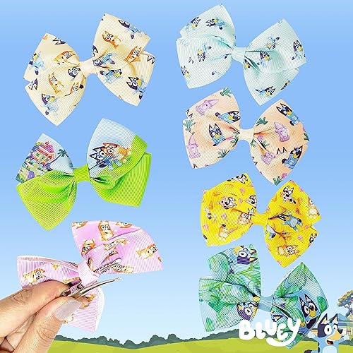 Miniatura 6 de LUV HER Bluey Juego de accesorios para el cabello, 7 piezas de lazo de 4 pulgadas para niñas, diferentes impresiones en cada clip, clip de