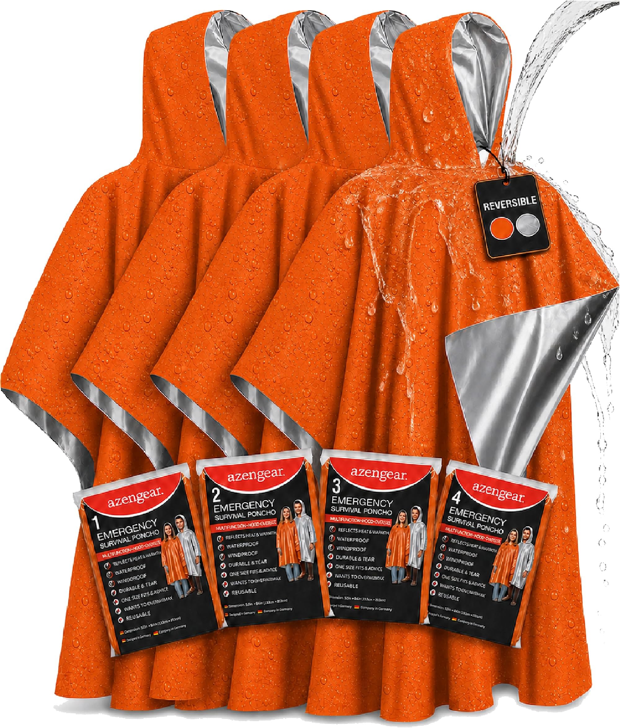 aZengear Emergency Survival Poncho (4pc) Thermal Mylar Foil Coating Blanket for Heat Retention and Rain | Reversible with Hood | Waterproof, Windproof, Portable, Hands-free, Outdoor Kit