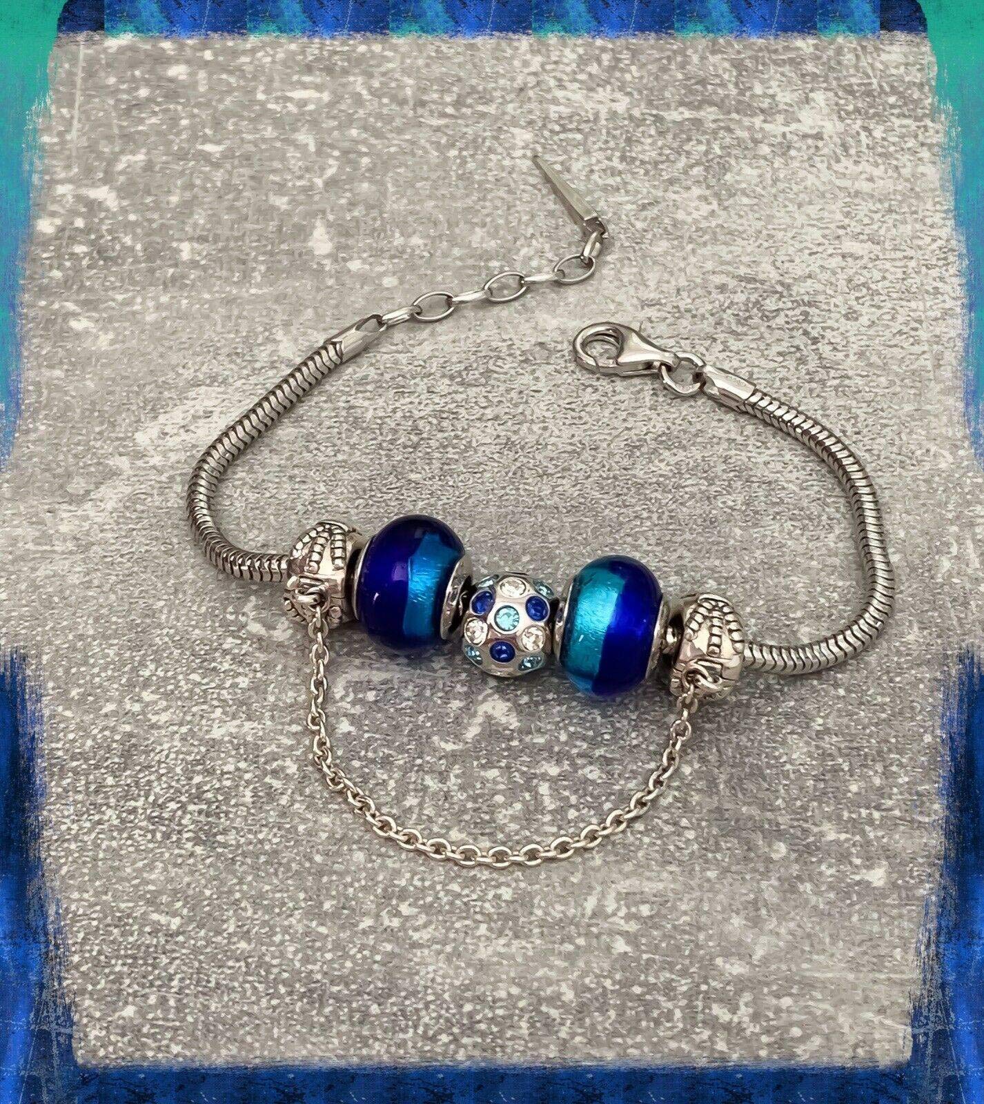 Bracciale Charms Colore Blu in Vetro di Murano Autentico & Argento 925 Rodiato, 18 cm, Argento sterling Vetro Argento