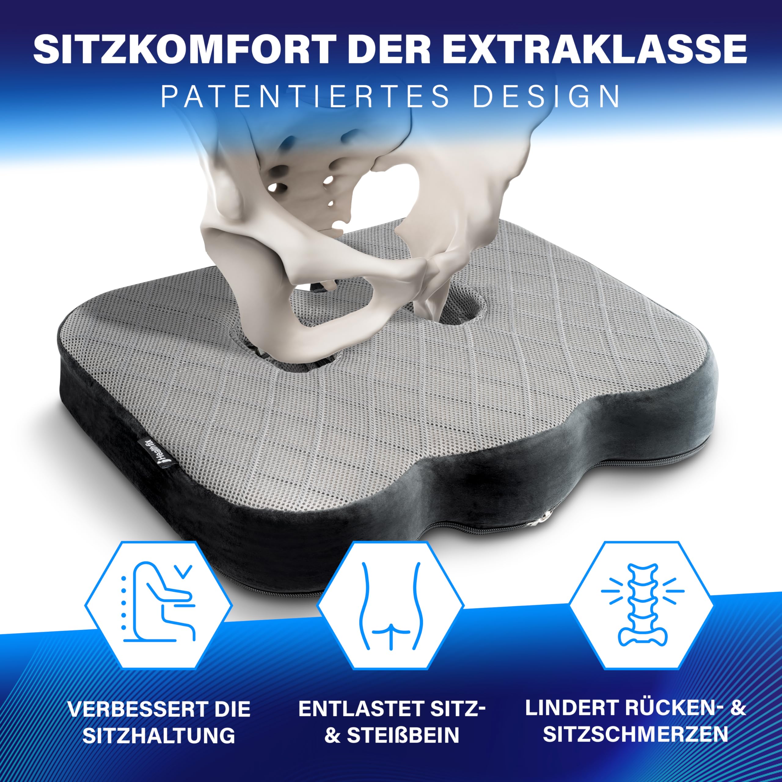 Healthfix® Orthopädisches Sitzkissen für Büro, Homeoffice & Co.- Ergonomisches Sitzen aus Memory Foam mit entlastender Funktion des Steißbeins und der Sitzknochen |Erhöht Sitz-Komfort (Medium)