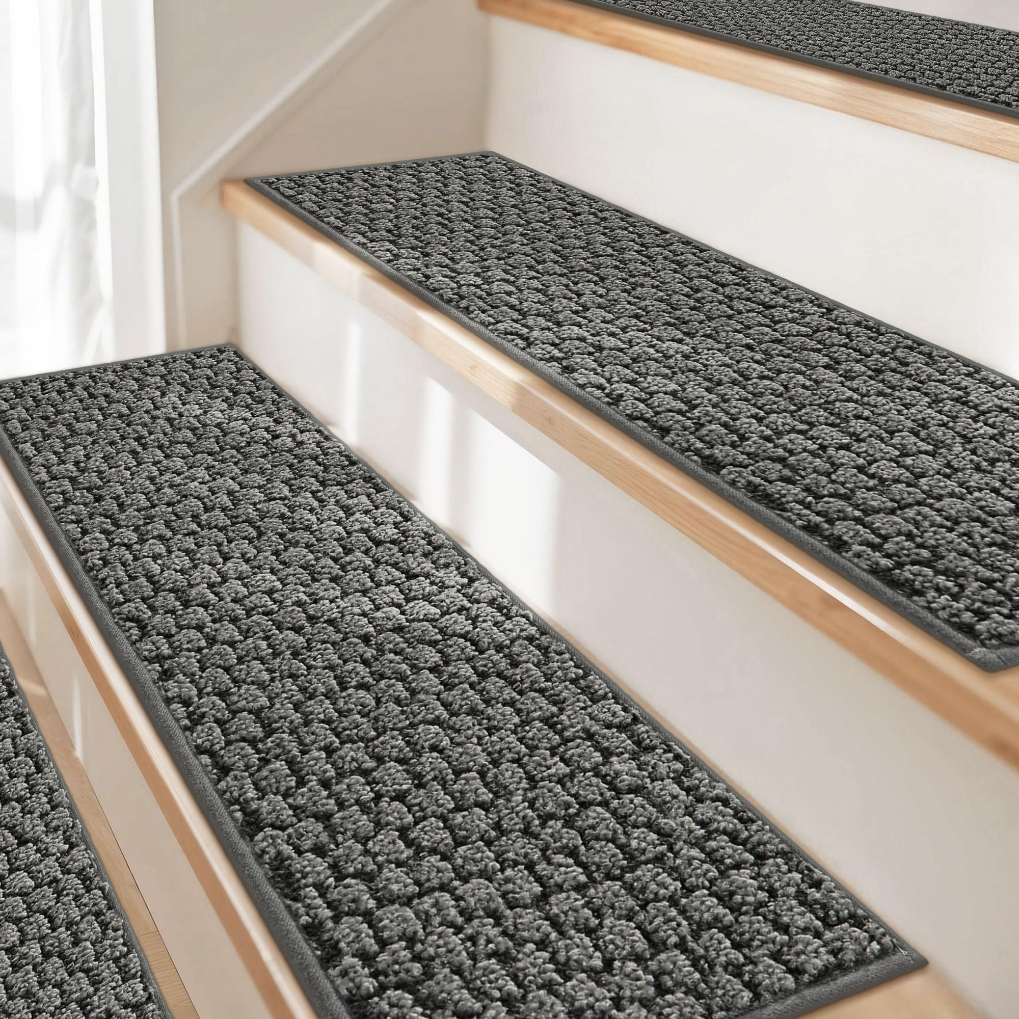 JSEI Stair Treads for Wooden Steps, 14 Pack 9" X 28" Non-Slip Machine Washable Carpet Stair Treads with TPE Backing, Soft Indoor Stair Rug Runner for Kids Elders & Pets, 100% Polyester, Beige — view 19