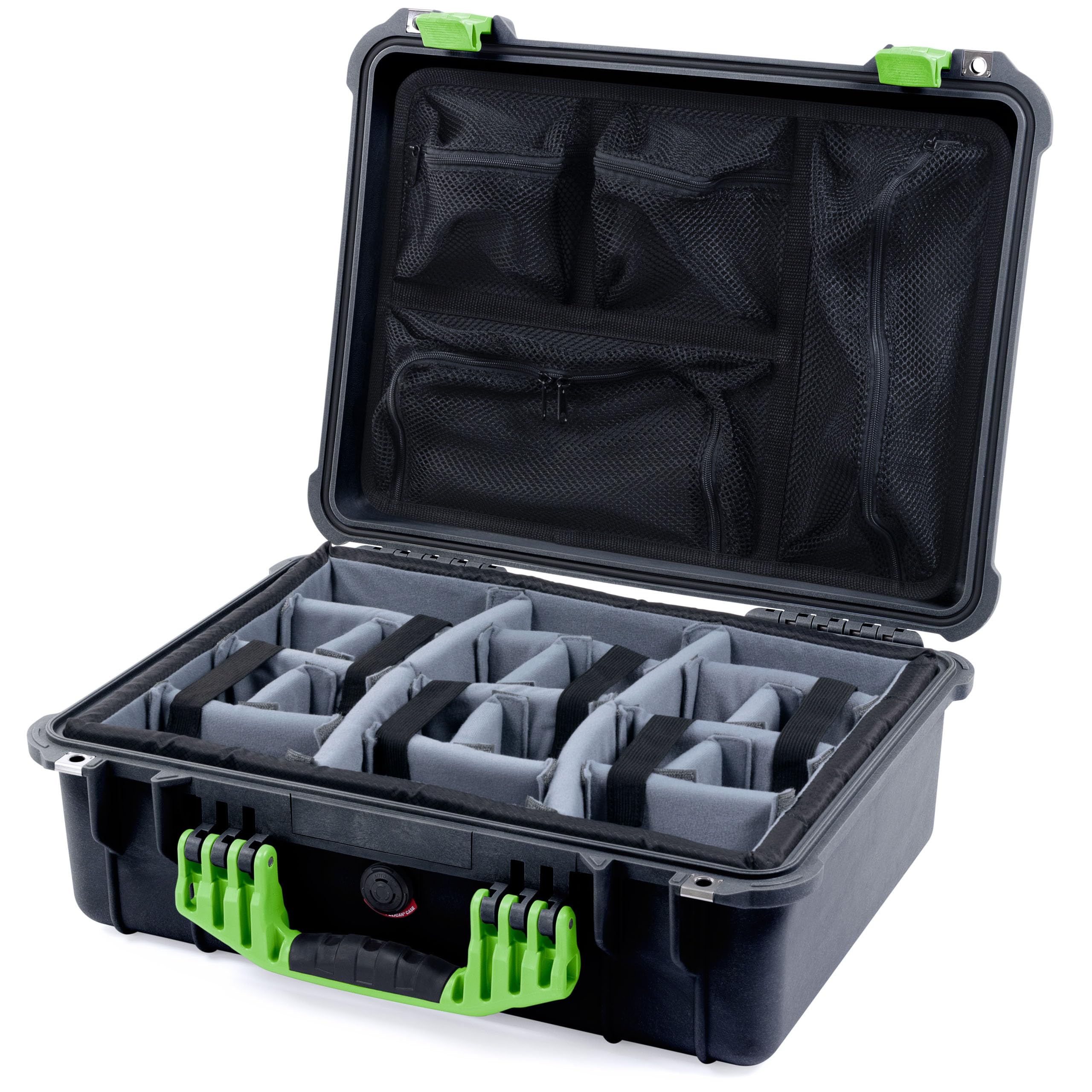 Pelican 1520 Case by ColorCase - Black - Medium Size Waterproof Case with Grey Padded Dividers & Mesh Lid Organizer - Lime Green Handles & Latches