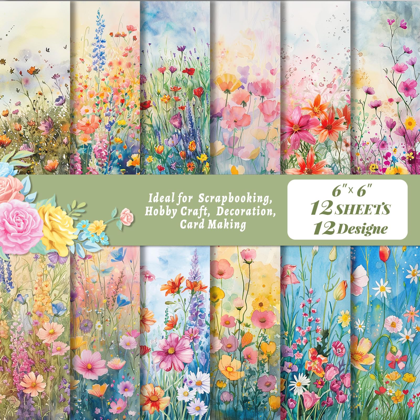 DiiWmme 24 Sheets Scrapbook Paper 6x6 Inch, Leaf & Floral Textured Cardstock, DIY Card Making, Photo Albums, Journaling, Acid & Lignin Free Decorative Craft Paper Pad (Watercolor Flowers)