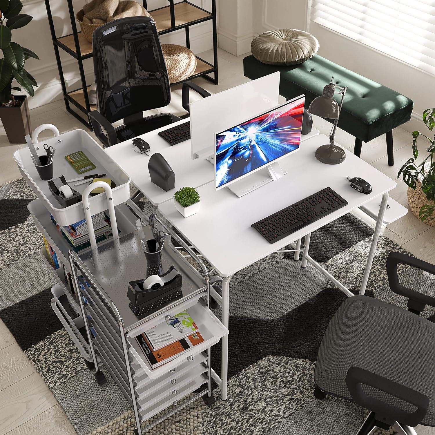 SHW Small Gaming Home Office Computer Desk with Shelf, White