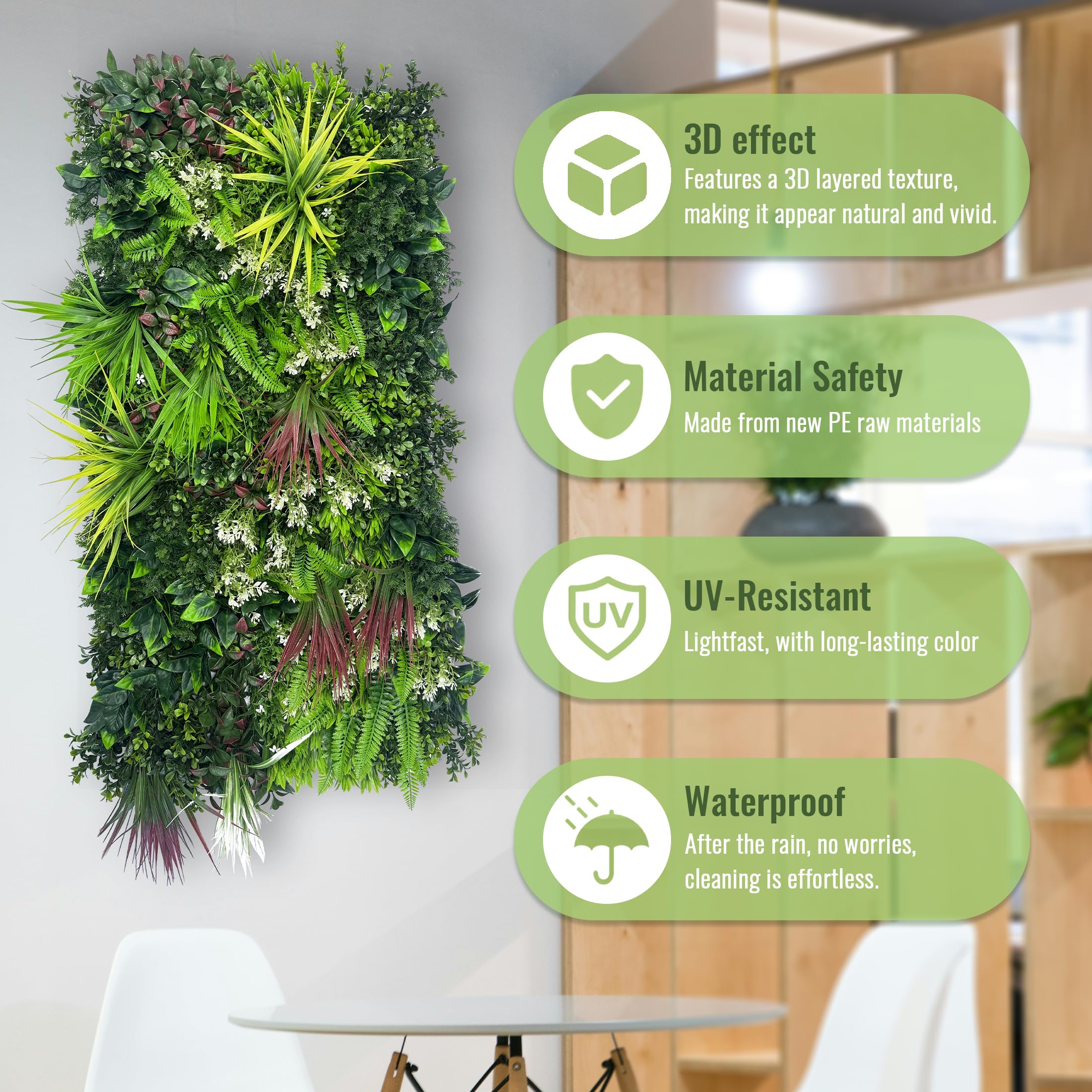 ODTORY Paneles de pared para plantas, 40 x 20 pulgadas, telón de fondo de pared de césped artificial, pantalla de privacidad con protección UV, pantalla de valla de seto de hojas verdes falsas para