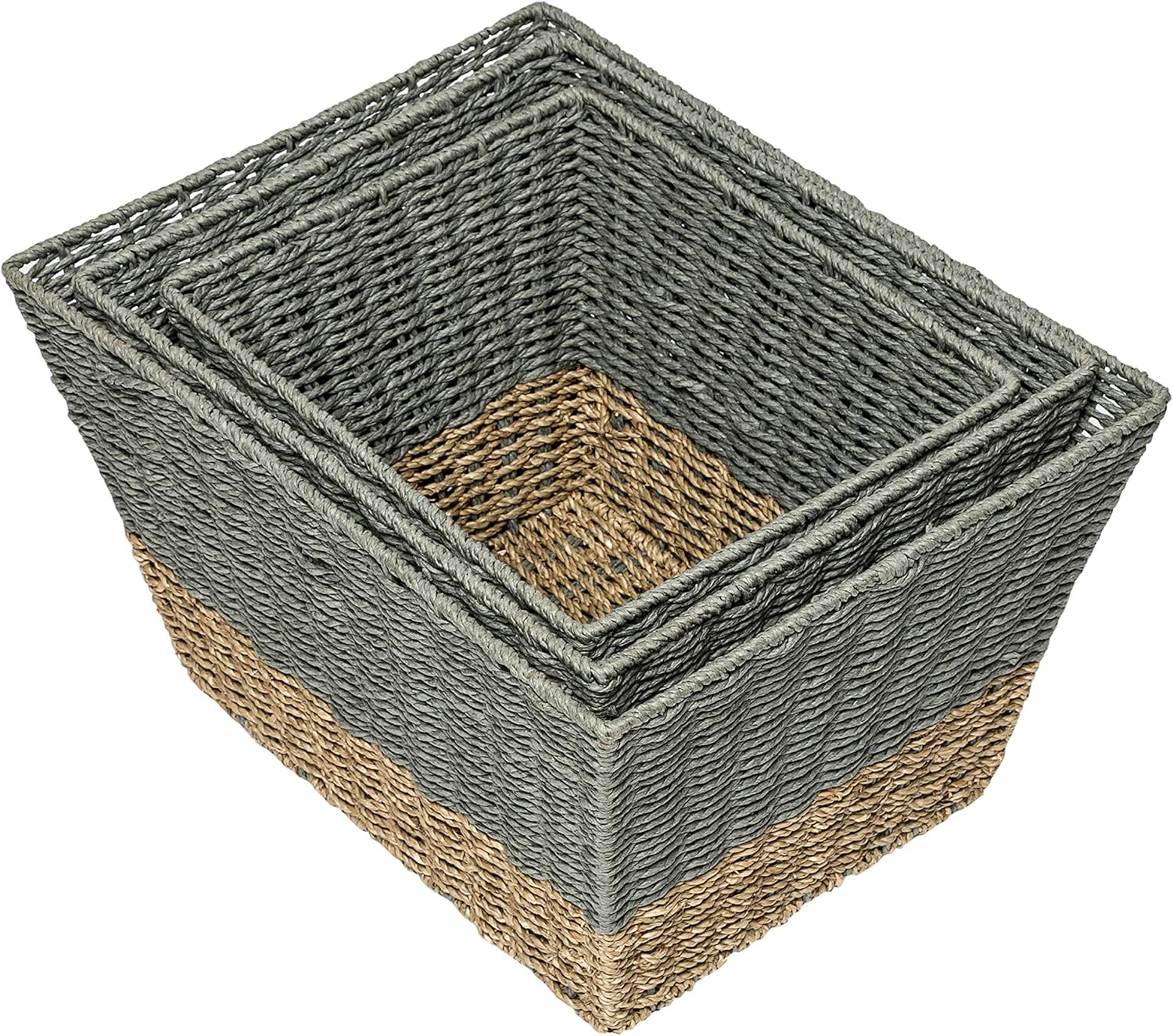 Honey-Can-Do Storage Basket 3 Piece Nesting Set, Two-Toned Natural Seagrass Woven Design, Multipurpose for Kitchen, Bedroom, Living Room, Laundry Room, Bathroom, Cabinets, Toys, Books and More