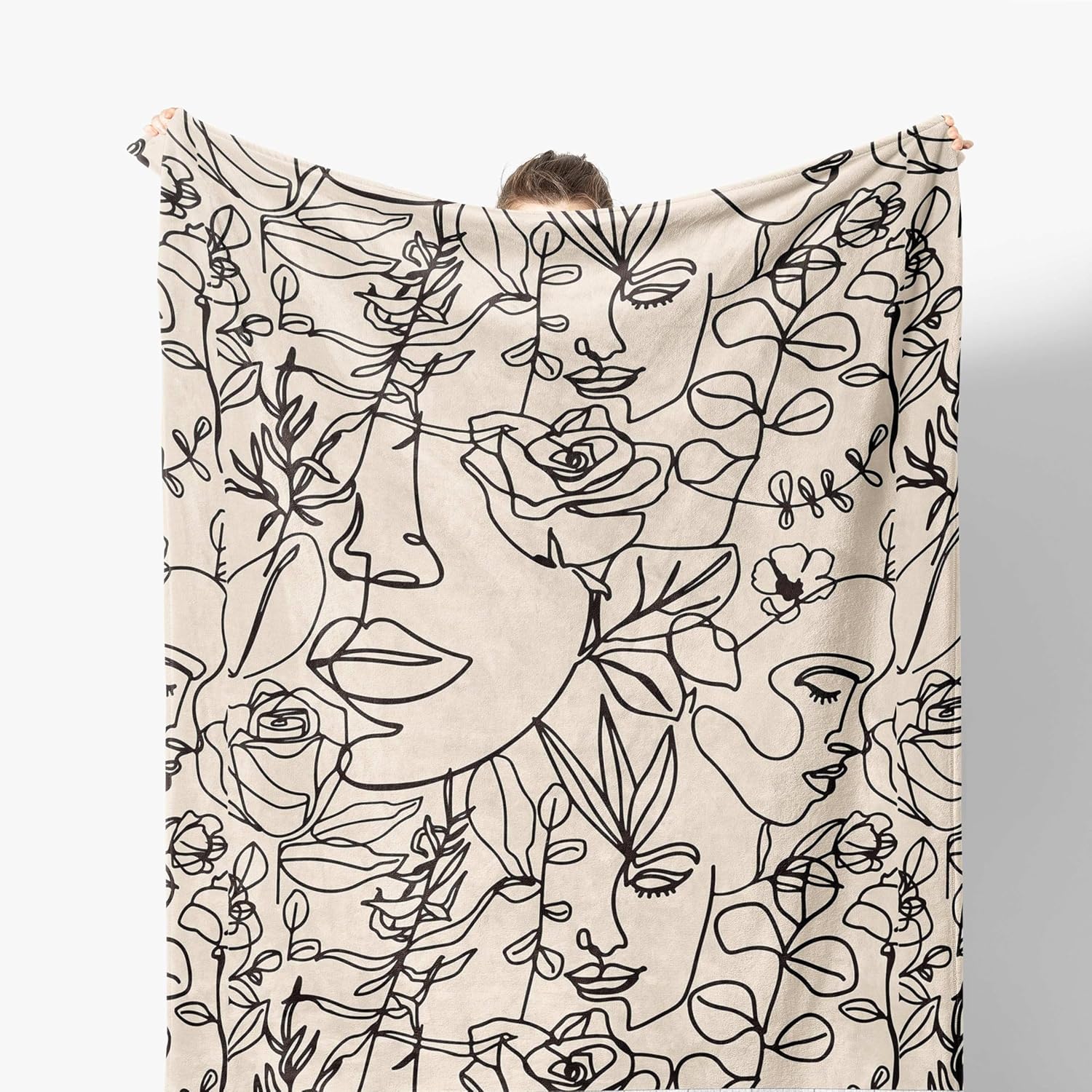 Abstract Boho Women Face Line Art Throw Blanket, Mid Century Modern Boho Neutral Floral Botanical Blanket for Couch Sofa, 50x60 Inches