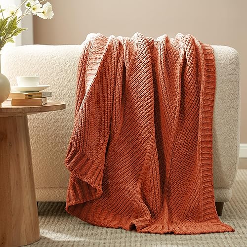 Miniatura 3 de Amélie Home Manta de punto de felpilla Chevron para sofá, manta suave decorativa con textura acogedora para sofá y silla, 50 x 60 pulgadas, naranja