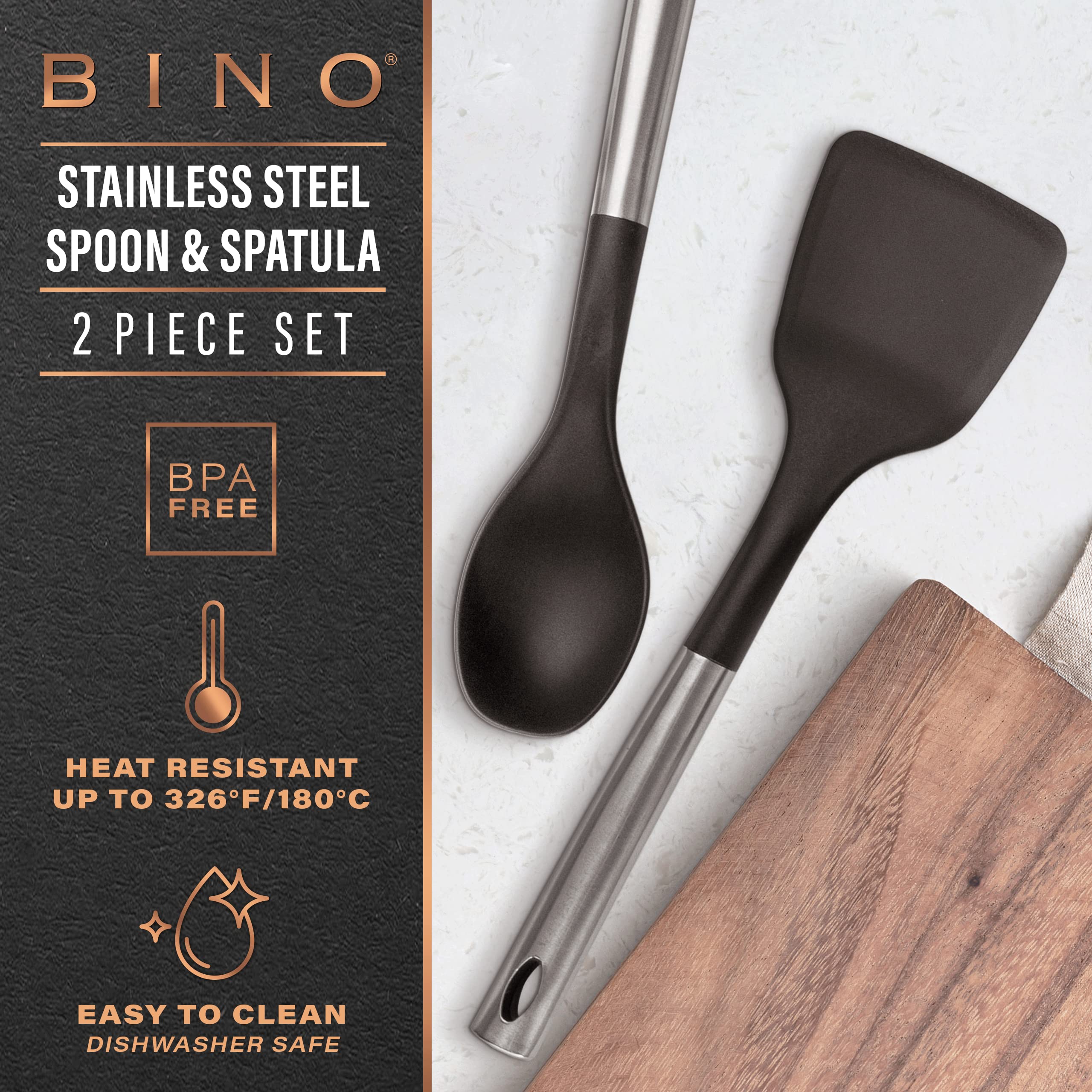 BINO 2-Piece Spoon & Turner Set with Stainless Steel Handles - Black | Heat Resistant BPA-Free Nonstick Cookware | Cooking Mixing & Serving Spoon | Cooking Utensils for Nonstick Cookware