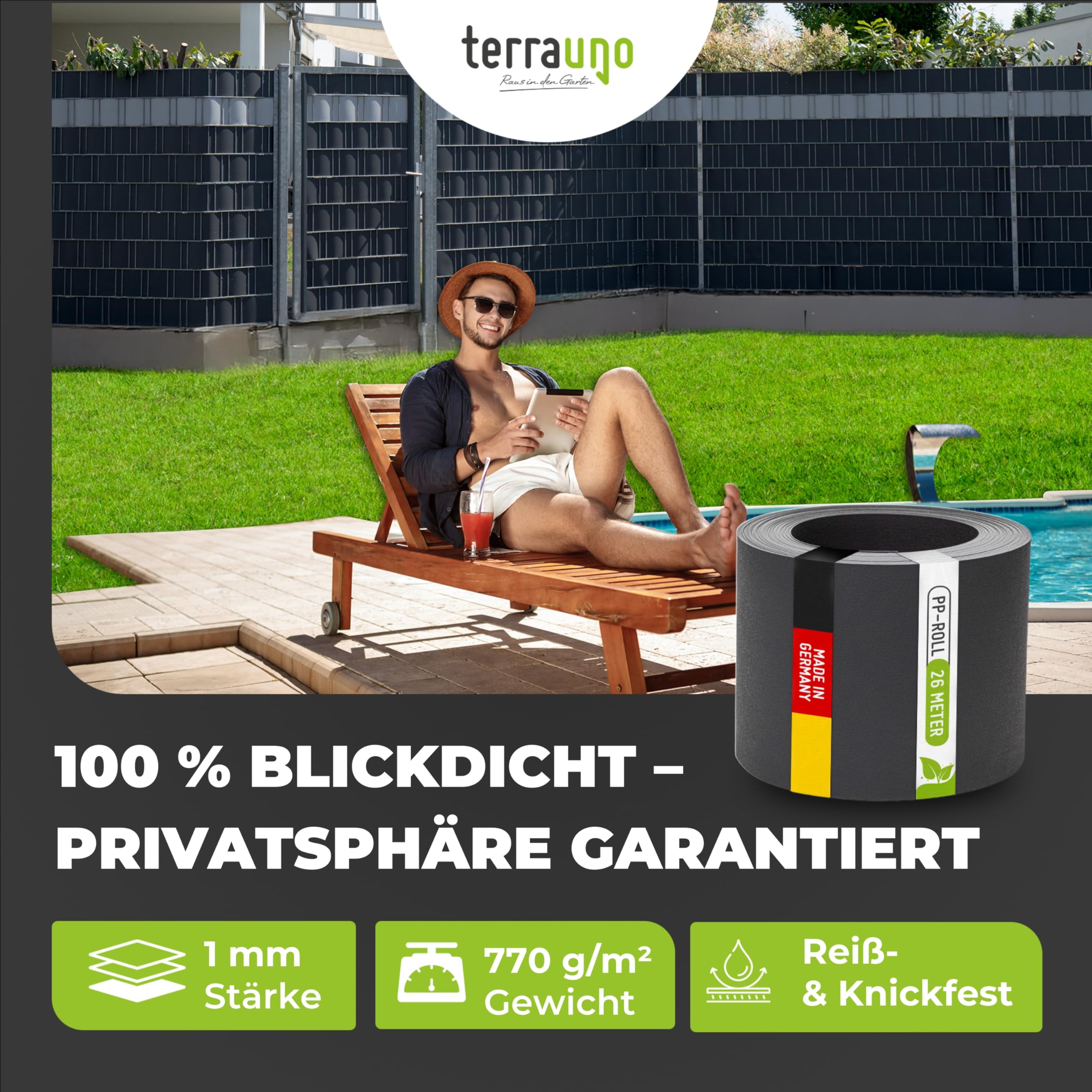 TerraUno Sichtschutzstreifen für Doppelstabmatten, Polypropylen, RAL 7016 Anthrazit, 26m x 19cm Rolle, UV-Beständigkeit