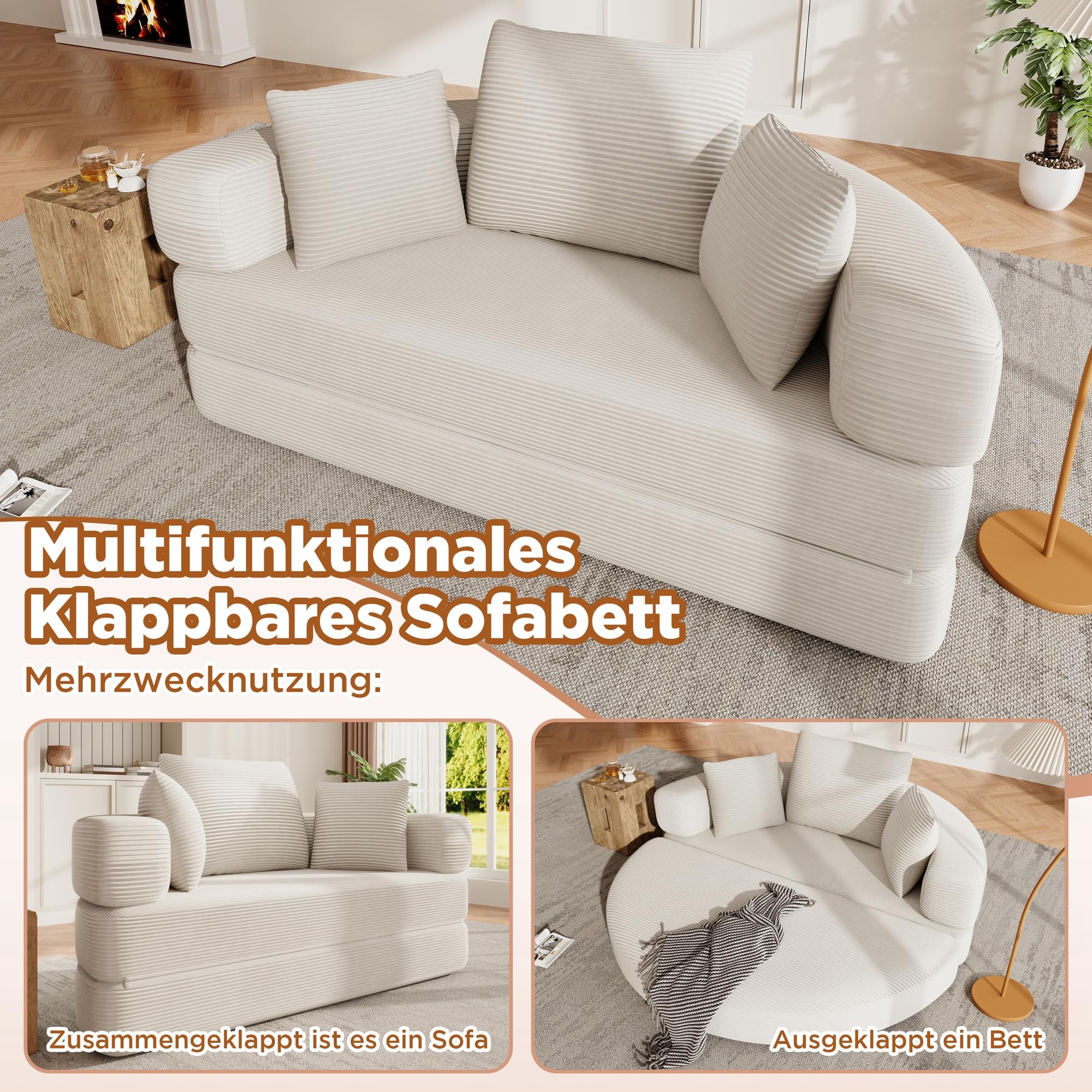 Divano letto pieghevole ovale 173x176 cm, divano letto 2 in 1, tessuto in velluto a coste, divano 1-2 posti con 3 cuscini, senza montaggio, per soggiorno, ufficio, appartamento