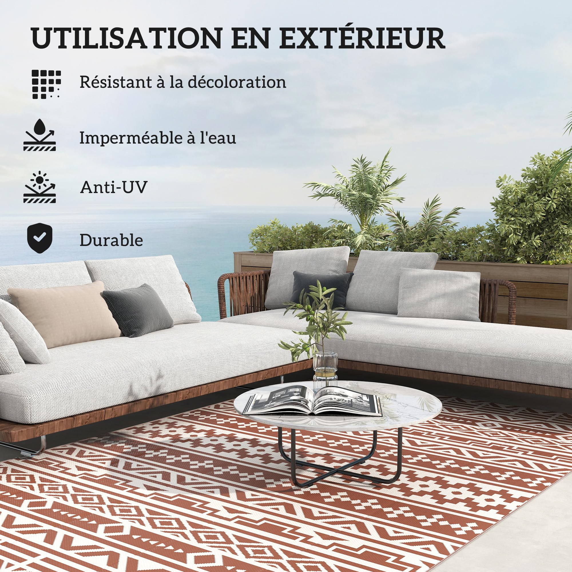 Outsunny Tapis d'extérieur réversible 1,8 x 2,7 m, Tapis de Sol au Motif Mur géométrique en PP, Sac de Transport Inclus, résistant aux intempéries, Rouge et Blanc