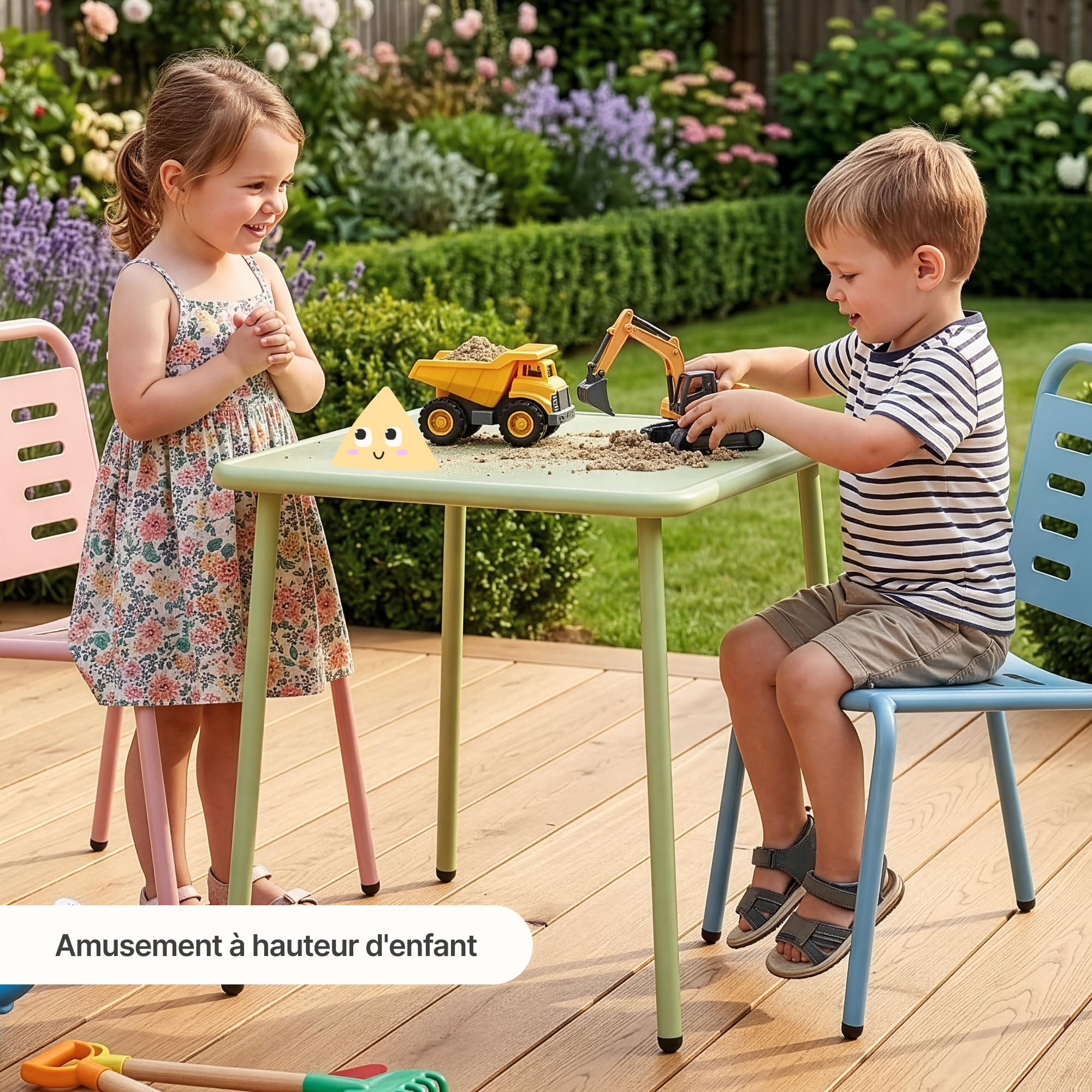 casa.pro Ensemble de Table et 2 Chaises pour Enfants Extérieur Intérieur Jardin Résistant Bords Arrondis Pieds Antidérapants pour Manger Jouer Acier Bleu Ciel Rose Pêche Vert Sauge