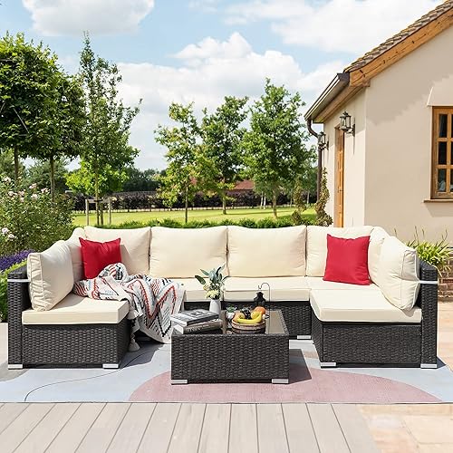 KAWIVAST Updated-7 Piece Patio Furniture Set, Outdoor Sectional Sets, Patio Sectional Sofa, PE Wicker Patio Furniture Set, Outdoor Rattan Sectional Sofa, Patio Conversation Sets
