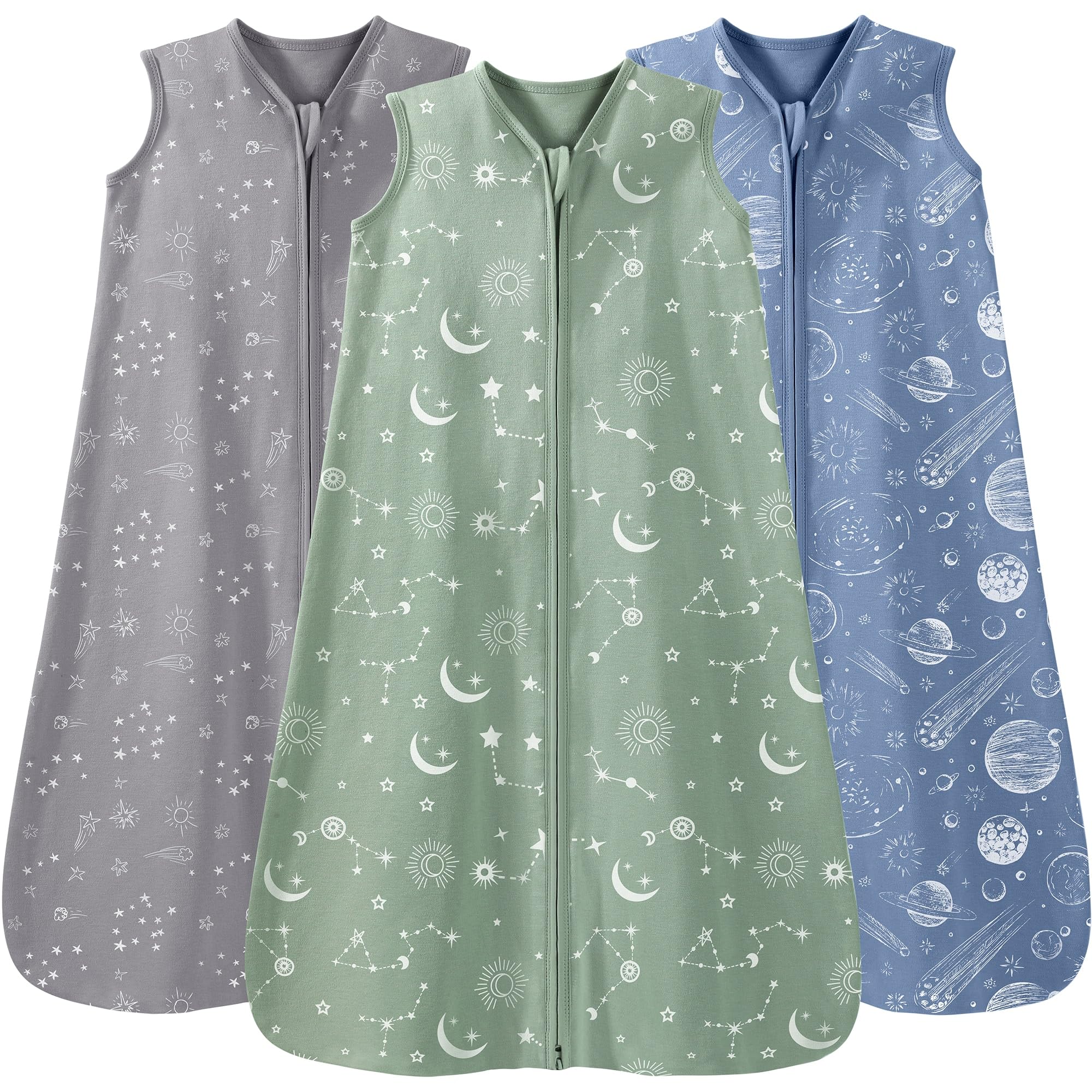 Unnivoll Set di 3 Sacco Nanna per Bambini 100% Cotone Sacco a Pelo Estivo 0.5 TOG Sacco Nanna per Neonato Ragazze e Ragazzi 0-6 Mesi Costellazione grigio verde