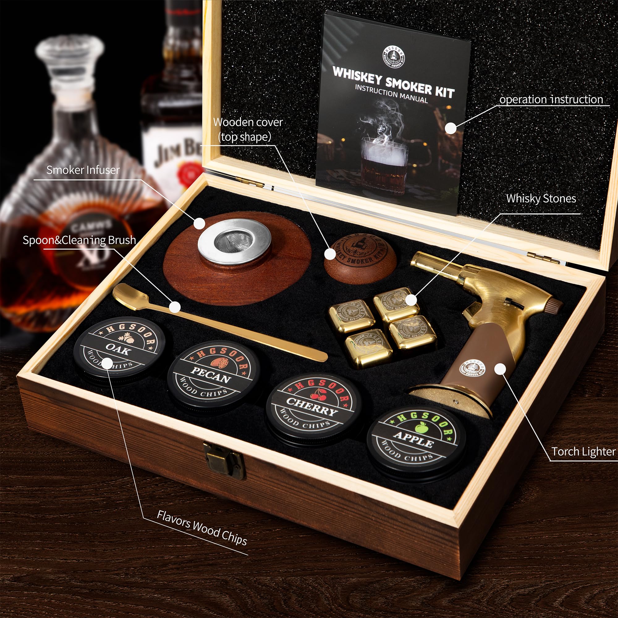 Kit de ahumador de whisky, kit de ahumador de bebidas antiguas, kit de ahumador de cóctel con linterna, 4 sabores de chips de madera y piedras de whisky, kit de ahumador de bourbon, regalos de