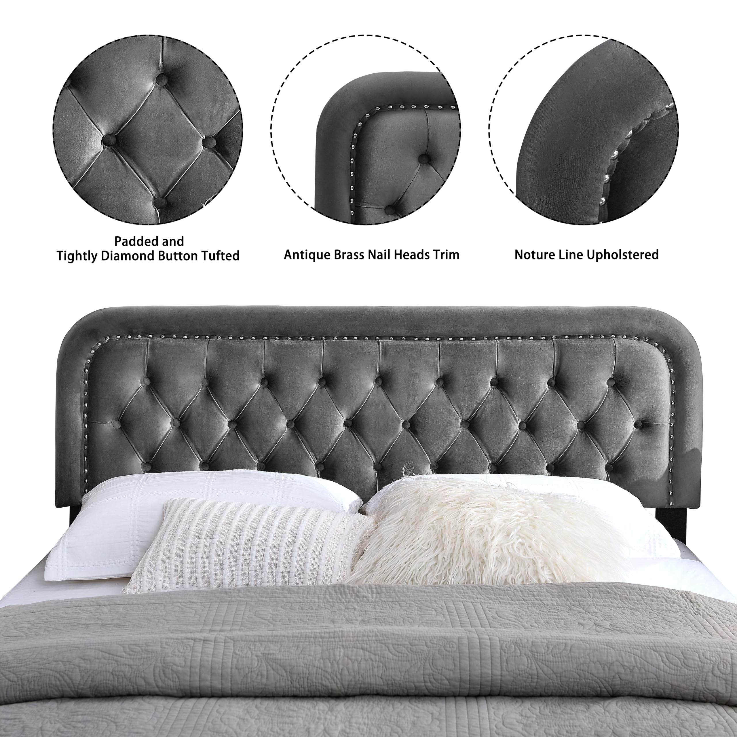 Cabecera capitoneada tapizada de tamaño King, cabeceros modernos de terciopelo acolchado para cama ajustable, tablero de tela para montaje en pared con ribete de clavos, fácil de instalar 2