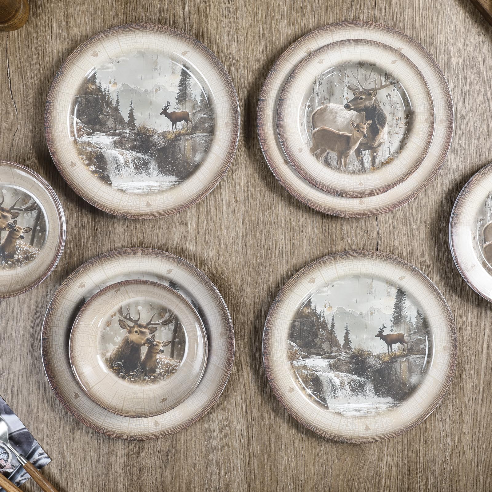 Melamin-Geschirr-Set für 4 Personen, Speiseteller, Schüsseln, 12-teilig, langlebig, BPA-frei, spülmaschinenfest, bruchsicher, splitterfest, für drinnen und draußen, Hirsch